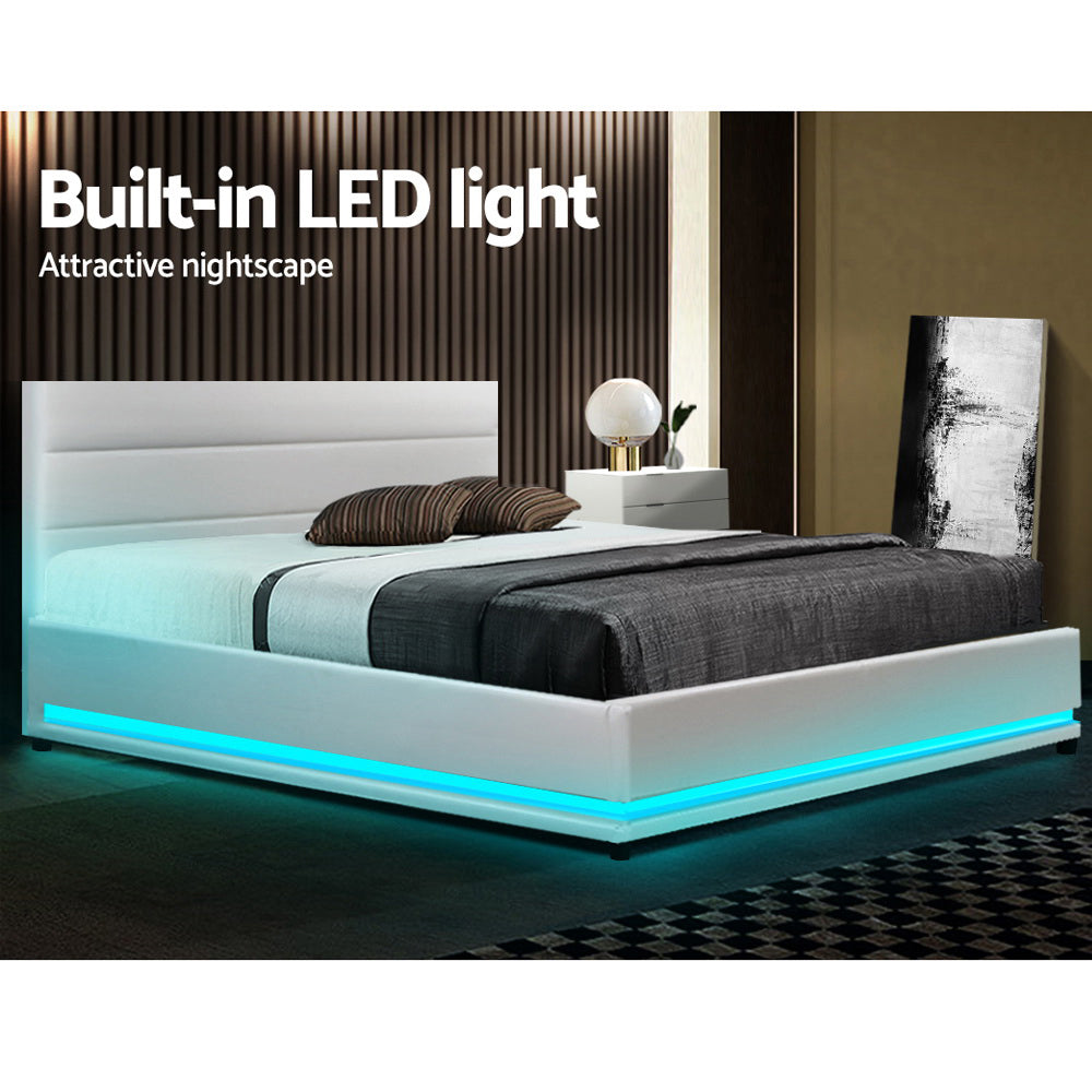 Henley Double Gas Lift Storage Bed Frame with LED Lights - White | Modern Platform Bed with Hidden Storage & Adjustable Lighting for Bedroom
