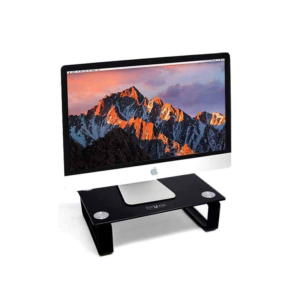 Eutuxia Dual Monitor Stand - Adjustable Black Tempered Glass Riser for TV, Laptop, Computer & All-in-One PC | Ergonomic Desk Organizer with Printer Shelf (11.75