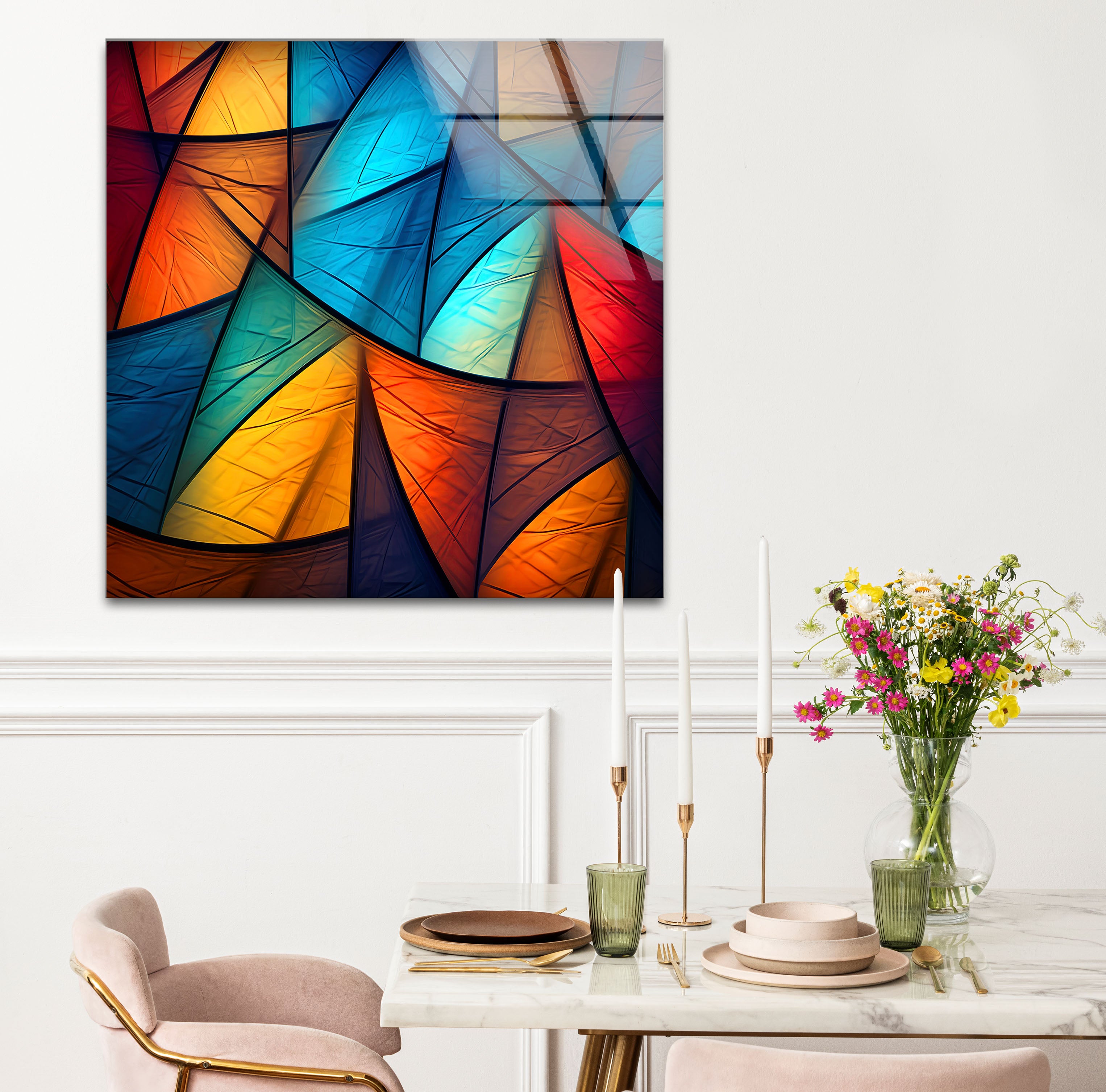Modern Abstract Geometric Glass Wall Art - Vibrant Triangle Pattern Home Decor for Living Room, Bedroom & Office | Unique Handmade Wall Hanging