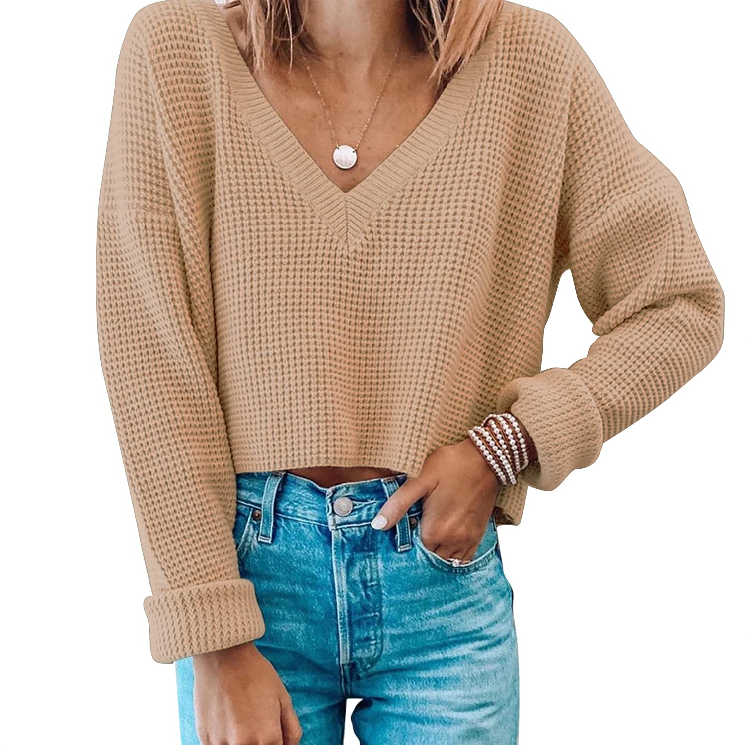 Women's V-Neck Waffle Knit Cropped Top Long Sleeve Pullover Sweater | Casual Fall Winter Layering Piece for Outfits