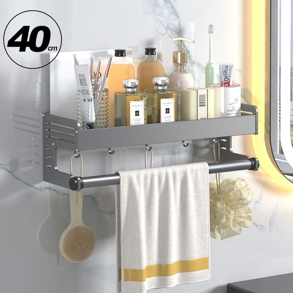 Rustproof Aluminum Alloy Bathroom Shelf Organizer - 40cm Shower Caddy with Hooks & Towel Rack for Toiletries Storage | Space-Saving Bathroom Organizer for Cosmetics, Soaps & Essentials | Perfect for Small Bathrooms, Apartments & Dorm Rooms (Gray)