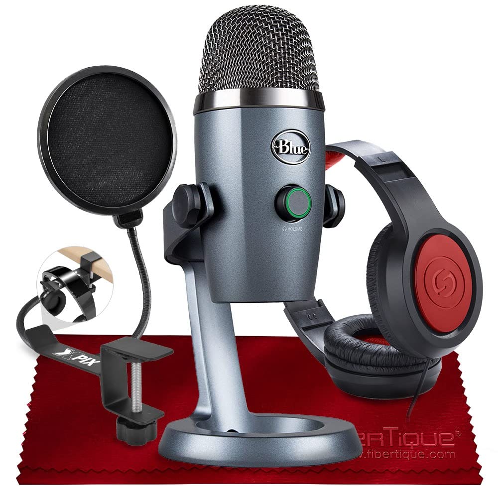 Blue Yeti Nano USB Condenser Microphone (988-000088) - Professional Studio Quality Mic for Podcasting, Gaming, Streaming & Recording - PC/Mac Compatible - Shadow Grey with Deluxe Bundle (Headphones, Pop Filter) - Perfect for Home Studios, Twitch Streamers & YouTube Content Creators