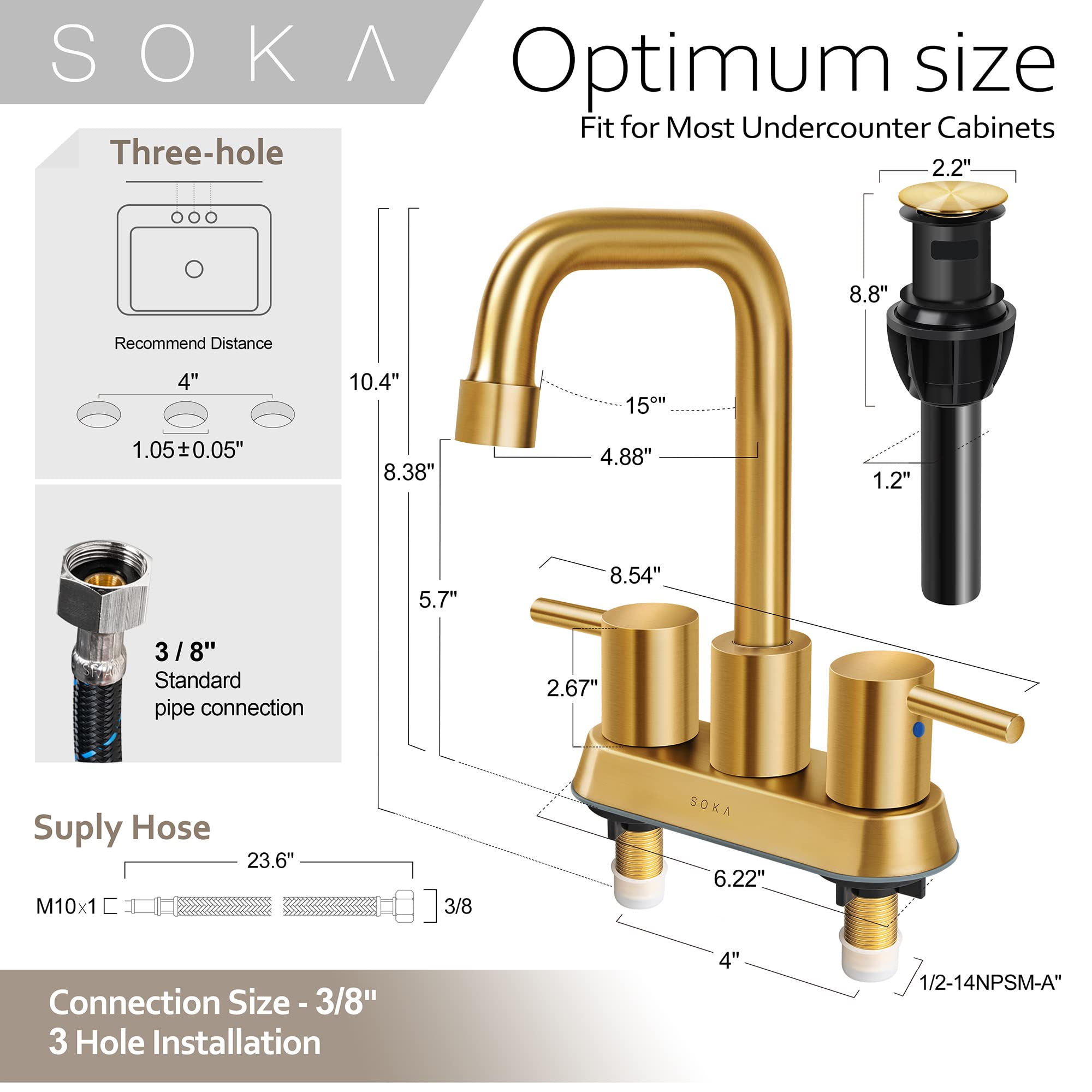 SOKA 4 Inch Centerset Bathroom Faucet - 2 Handle Commercial Hand Sink Touch Faucet with Gooseneck Spout in Gold Finish - Perfect for Restaurant, Salon, and Public Restroom Sinks