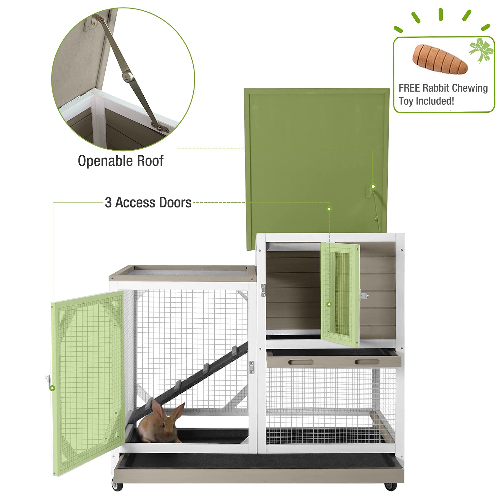 GUTINNEEN Indoor Outdoor Rabbit Hutch with Wheels - Bunny Cage with 2 Deep No-Leak Pull-Out Trays, Wire Mesh Free Bottom - Perfect for Backyard, Patio & Pet Play Areas
