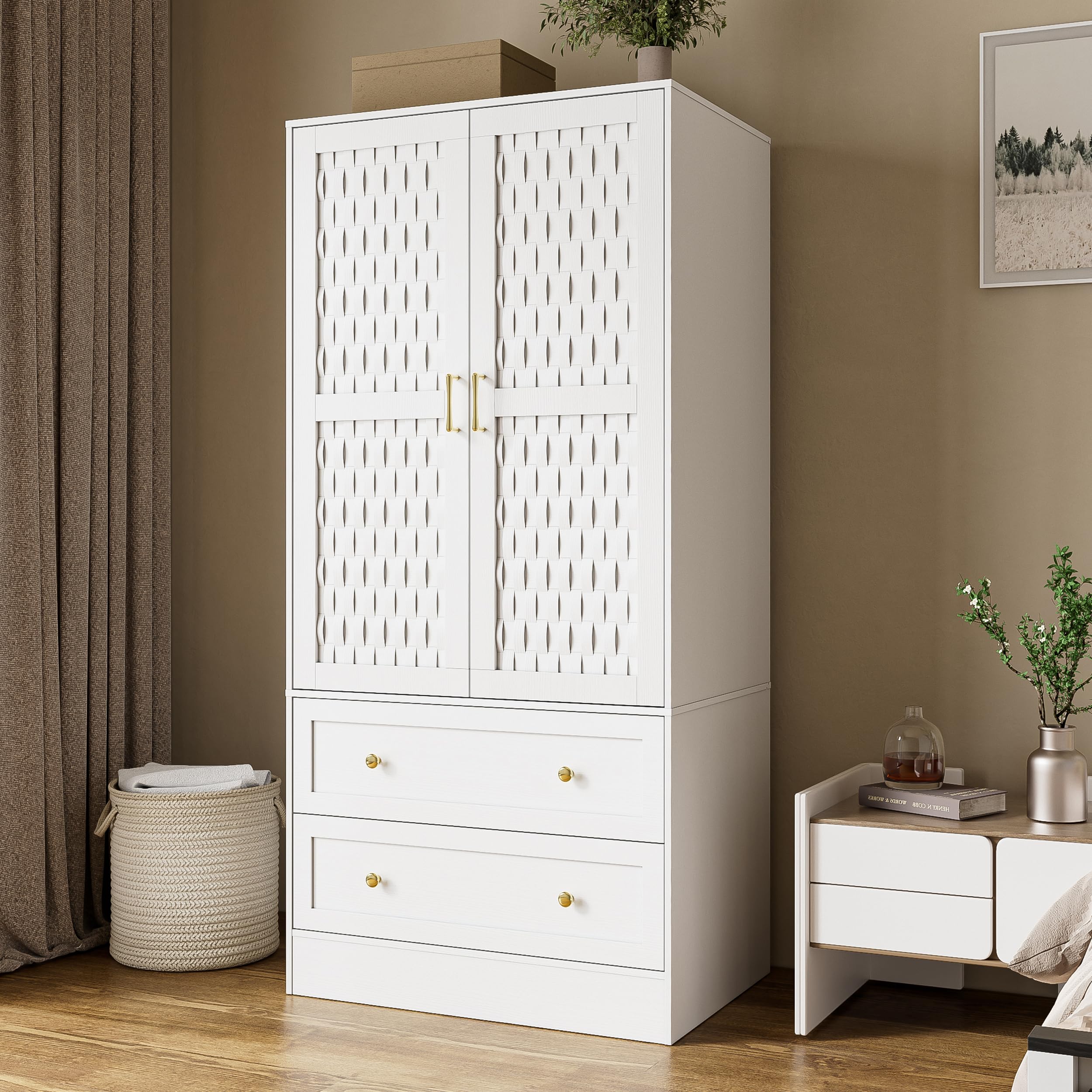 PAKASEPT Wooden Armoire Wardrobe with 2 Woven Doors - Freestanding Closet Cabinet with Drawers & Hanging Rod - Bedroom Storage Organizer for Clothes, Shoes & Accessories | Perfect for Small Spaces, Apartments & Dorm Rooms