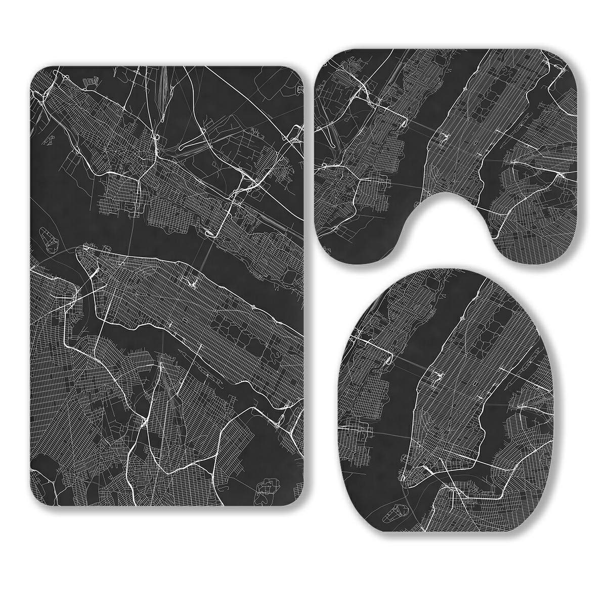 Streets of New York Themed 3-Piece Bathroom Rug Set - Non-Slip Bath Mat, Contour Rug & Toilet Lid Cover - Perfect for NYC-Inspired Home Decor and Small Bathrooms