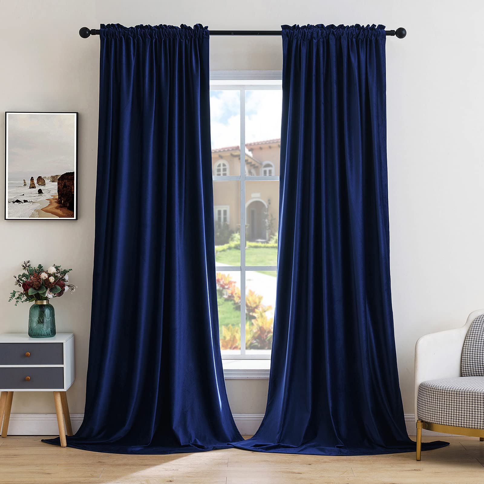 MIULEE Royal Blue Velvet Thermal Insulated Blackout Curtains - 108 Inch Long Rod Pocket Drapes for Bedroom & Living Room (Set of 2 Panels) - Perfect for Home Theater, Nursery & Light-Sensitive Sleepers