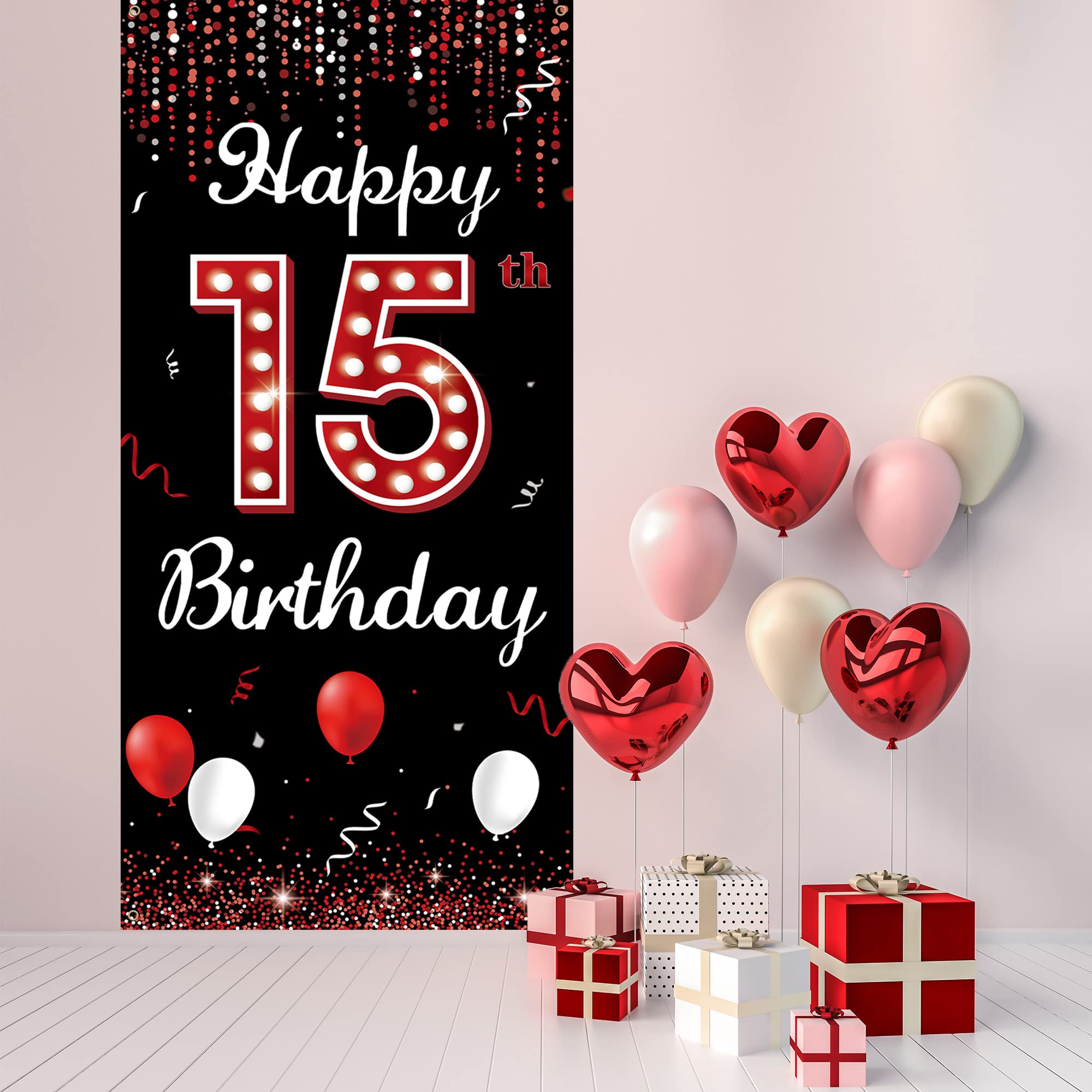 Happy 15th Birthday Door Banner & Backdrop - Red & Black XV Birthday Decorations for Girls | Indoor/Outdoor Party Photo Booth Props & Yard Sign | Durable Fabric for Sweet 15 Celebrations, Quinceañera, Teen Parties & Photo Shoots