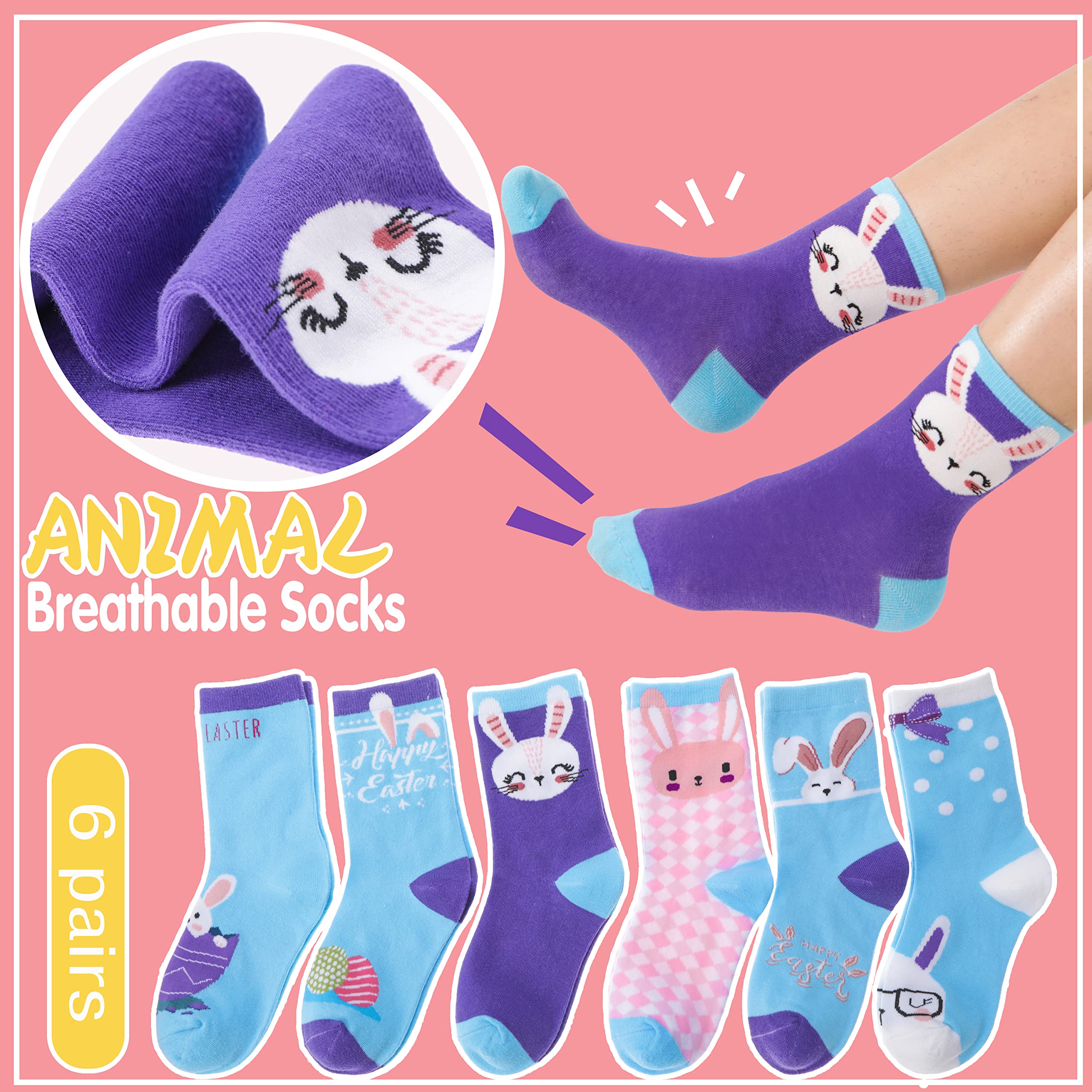 Cute Girls' Bunny Crew Socks - 6 Pairs Soft Cotton Fun Novelty Socks for Kids Ages 5-8 (Blue) - Perfect for Easter Gifts, Stocking Stuffers & Everyday Playtime
