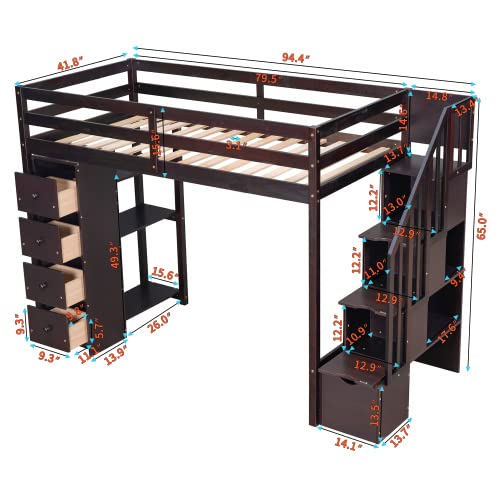 **Solid Wood Twin Loft Bed with Stairs, Storage Drawers & Shelves - Modern Espresso Loft Bed Frame for Kids, Teens & Adults - Perfect for Small Rooms, Dorms & Apartments**