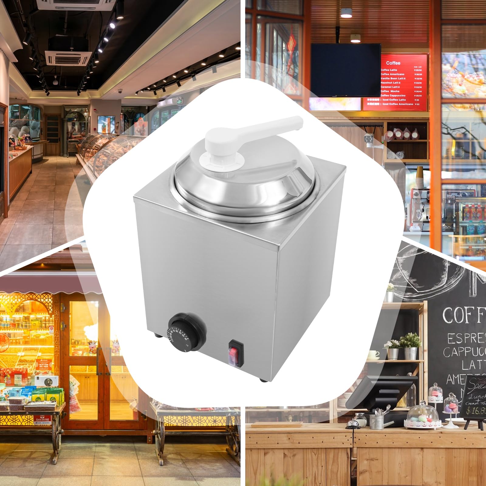 Stainless Steel Hot Fudge Warmer with Pump - 2.3L/2.4Qt Adjustable Temperature (30-110℃/86-230℉) 650W Electric Cheese & Caramel Dispenser for Sauces, Curry, Chili - Perfect for Restaurants, Cafes & Dessert Shops