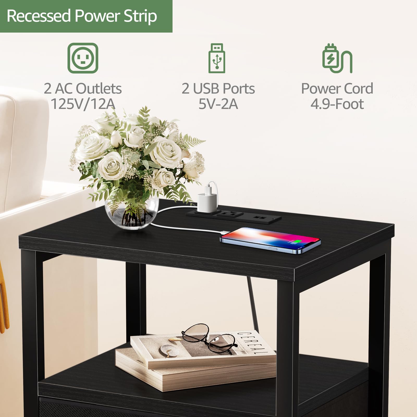 Modern Black Nightstand Set of 2 with USB Charging Station & Drawers - Bedroom End Tables for Dorm, Apartment & Master Bedroom - Perfect for Phones, Lamps & Bedside Storage