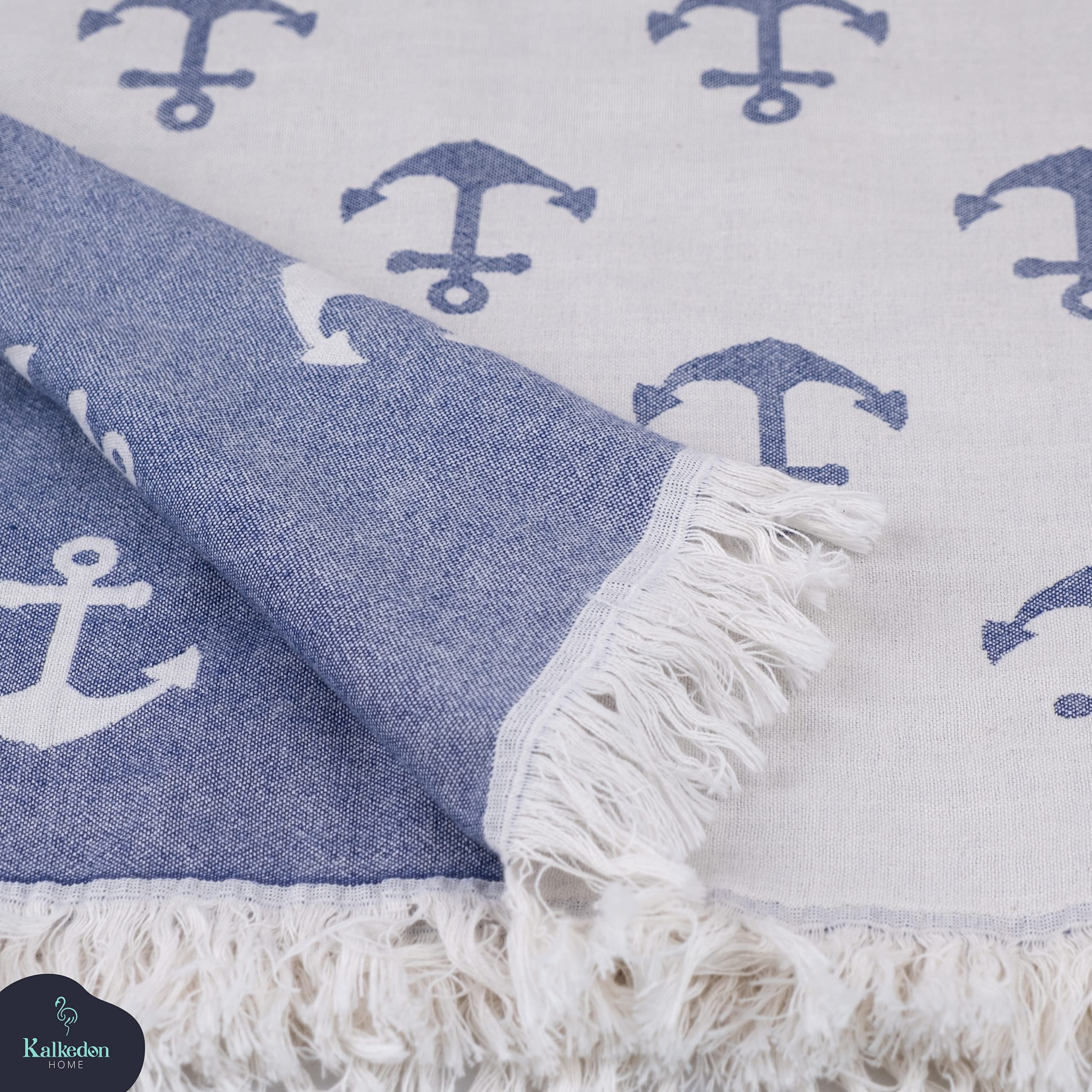 Double Sided Anchor Sand Free Beach Towel - Premium Organic Turkish Cotton Sarong & Peshtemal for Beach, Pool, Bath & Travel - Soft Quick Dry Blanket in White & Blue