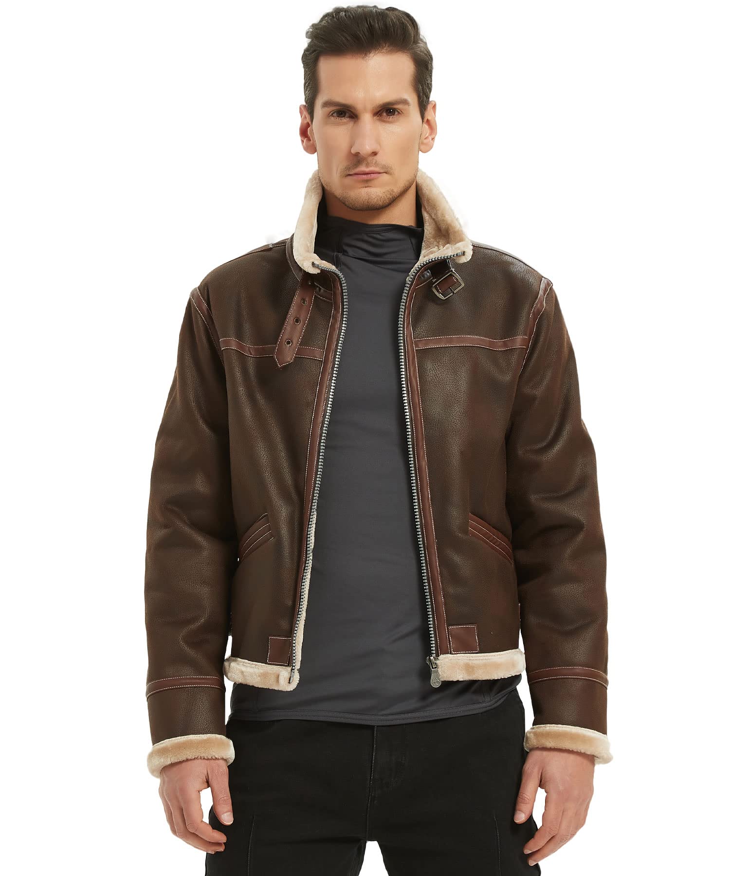 Leon Kennedy Jacket for Men - Stand Collar Faux Fur PU Leather Bomber Coat | Resident Evil Cosplay Costume | Anime Expo & Halloween Role Play (Size L, Brown) | Perfect for Conventions, Costume Parties & Winter Fashion