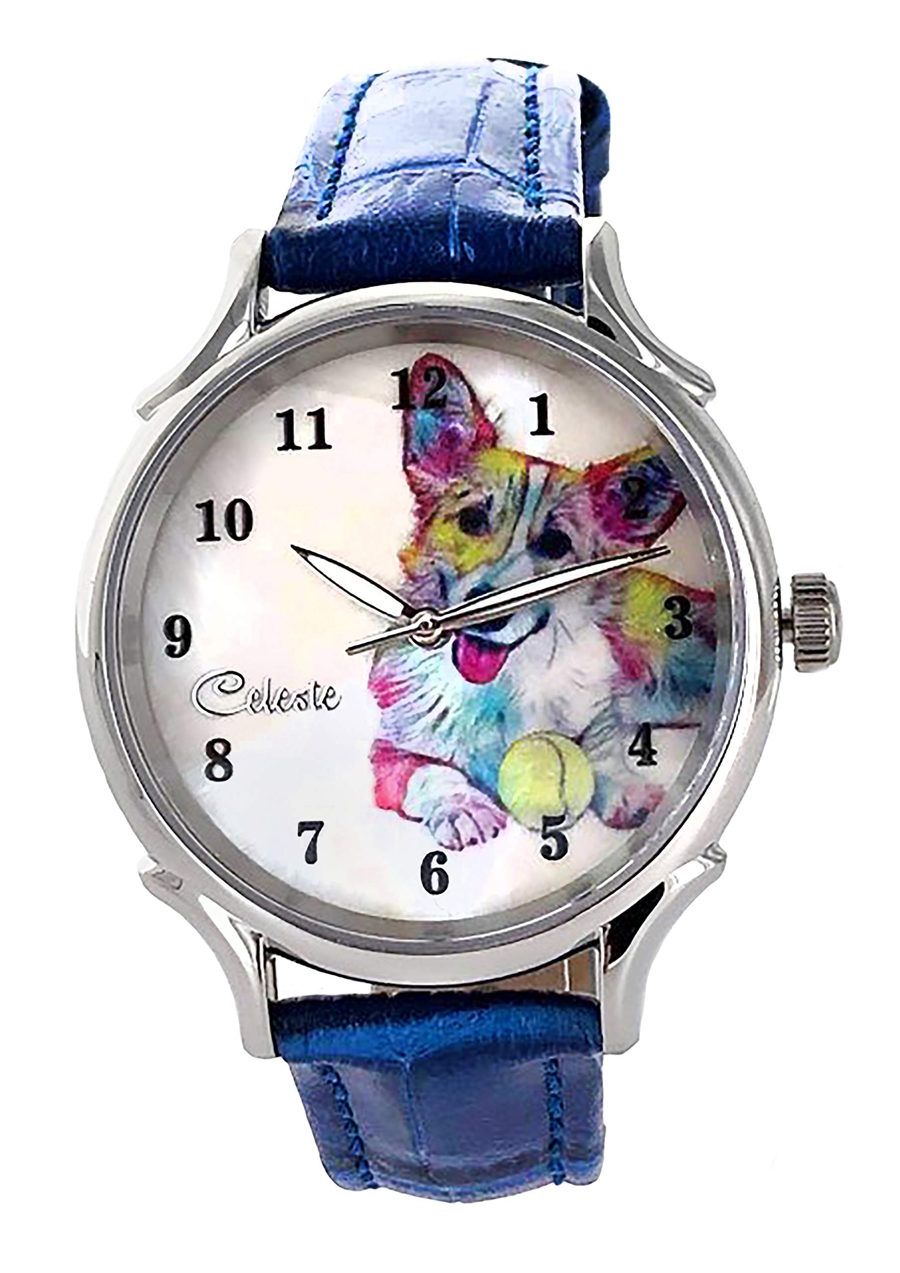Celeste Corgi Dog Pet Swiss Quartz Watch - 35mm Multicolor Mother of Pearl Rainbow Dial with Blue Calfskin Strap | Perfect Gift for Dog Lovers, Fashion Accessory for Women & Men, Casual & Formal Wear