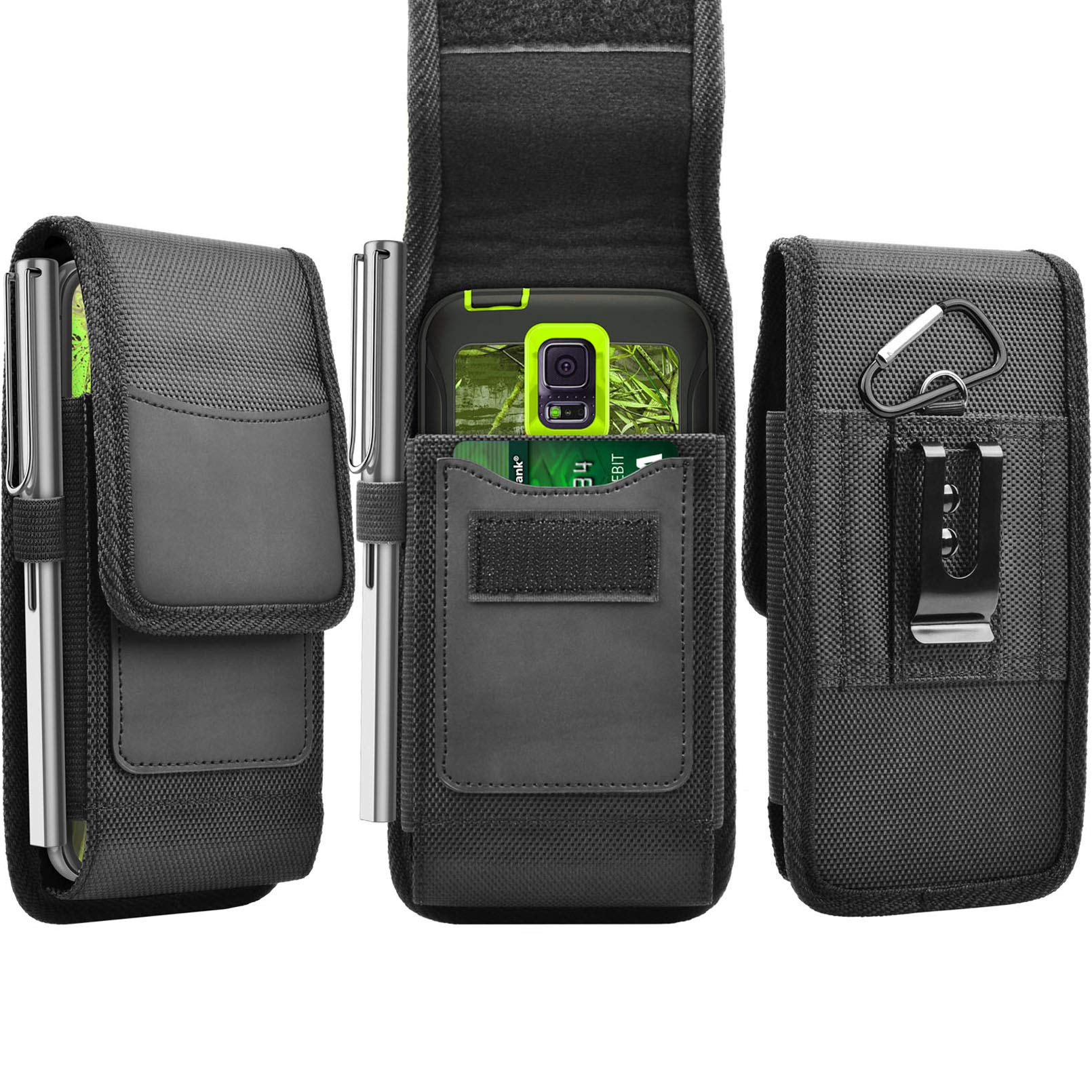 Tekcoo RFID Blocking Universal Phone Holster for Samsung Galaxy S22 Ultra/Note 20/S21/S20 FE/S10/A02S/A03S/A13/A21/A32/A53 5G & iPhone 14 Pro Max/13/12/11 - Nylon Belt Clip Pouch with Card Holder (Wallet Case for Everyday Carry & Travel Security)