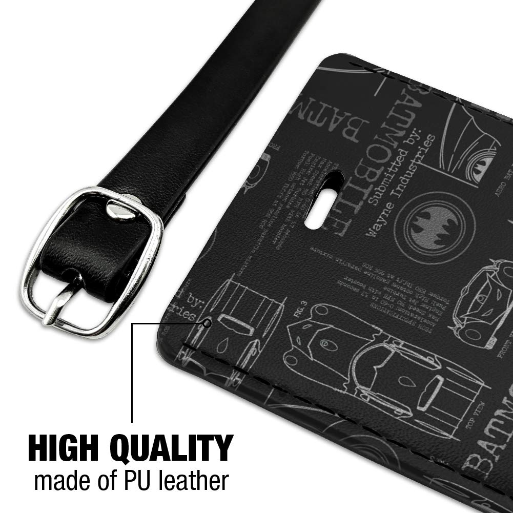 Batman Batmobile Blueprint Leather Luggage Tag - Rectangle ID Card Holder for Travel Bags & Suitcases - Perfect for Cosplay, Comic Con & Batman Fans