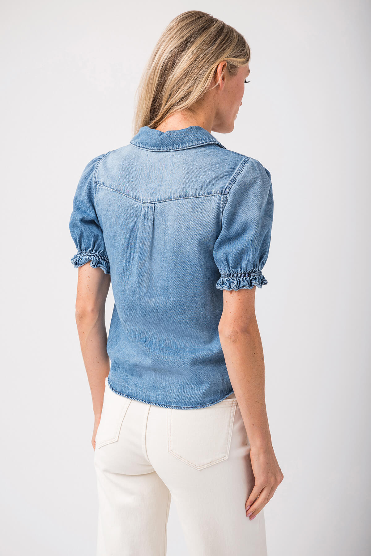 Stylish Risen Puff Sleeve Denim Shirt for Women - Trendy Oversized Denim Top with Statement Sleeves - Perfect for Casual Outings, Date Nights & Street Style Fashion