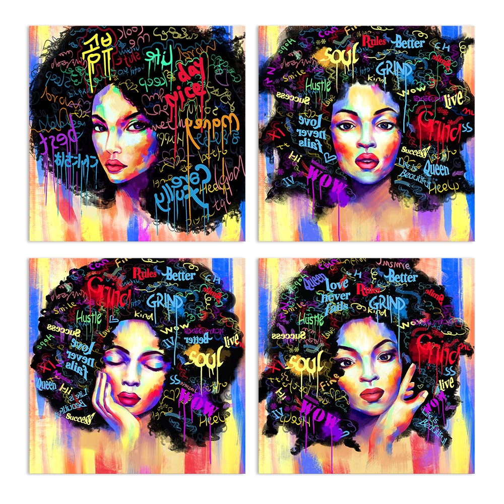 AMEMNY 4 Panels Abstract Wall Art Canvas - African American Women Graffiti Style Painting, Framed Ready to Hang (12x12) - Modern Home Decor for Living Room, Bedroom & Bathroom | Perfect for Bohemian & Hippie Style Interiors