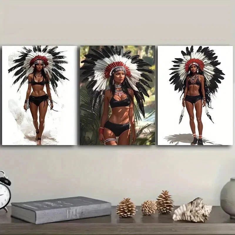 3PCS Indian Girls Feathered Headdress Wall Art Set - 50x70cm Framed Canvas Prints - High Quality Australian Made Home Decor - Perfect for Living Room, Bedroom & Office Wall Decor