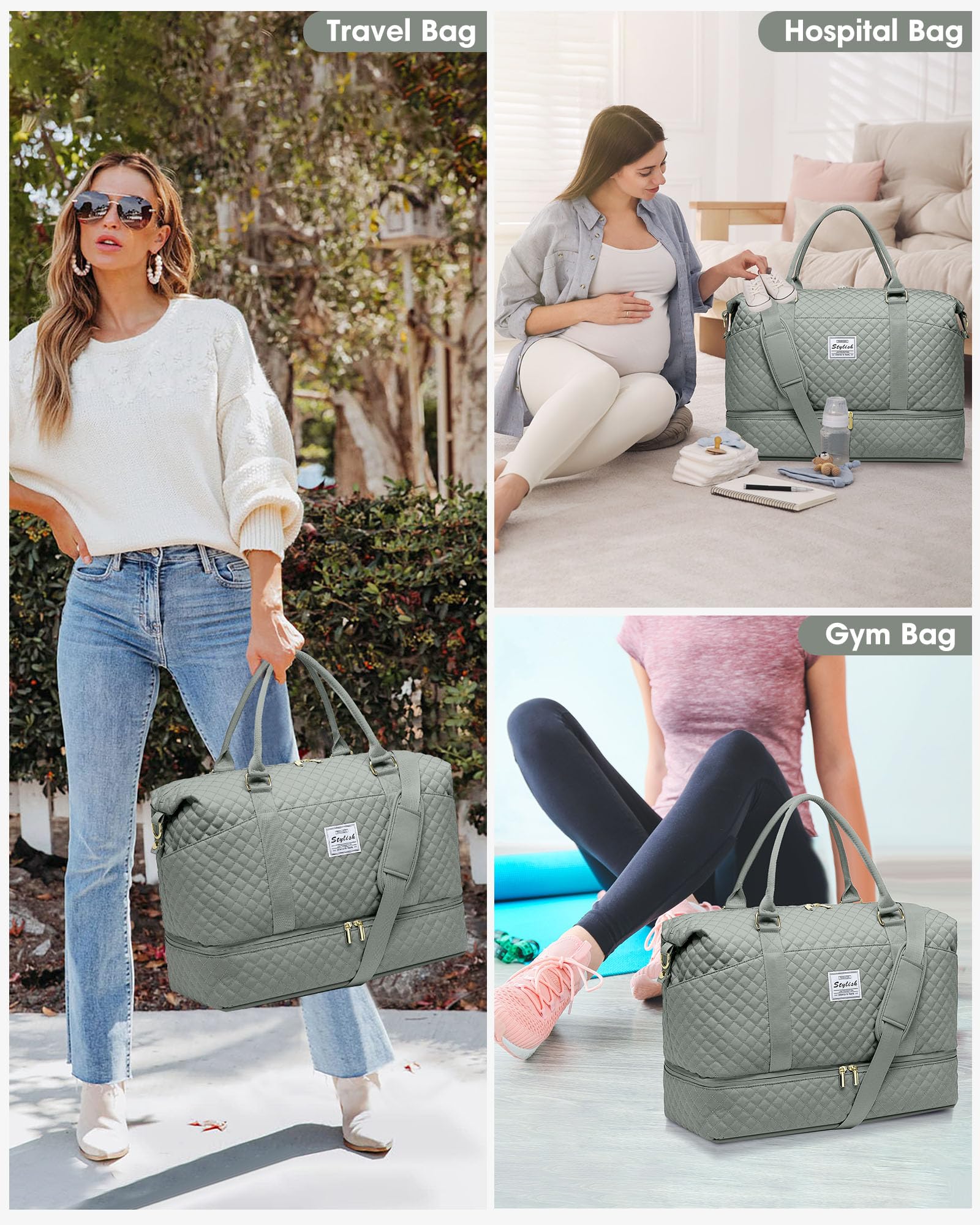 Women's Weekender Duffle Bag - Large Travel Duffel with Shoe Compartment, Carry-On Overnight Bag & Hospital Bag for Labor Delivery (Green) | Perfect for Weekend Getaways, Gym Trips & Maternity Hospital Visits