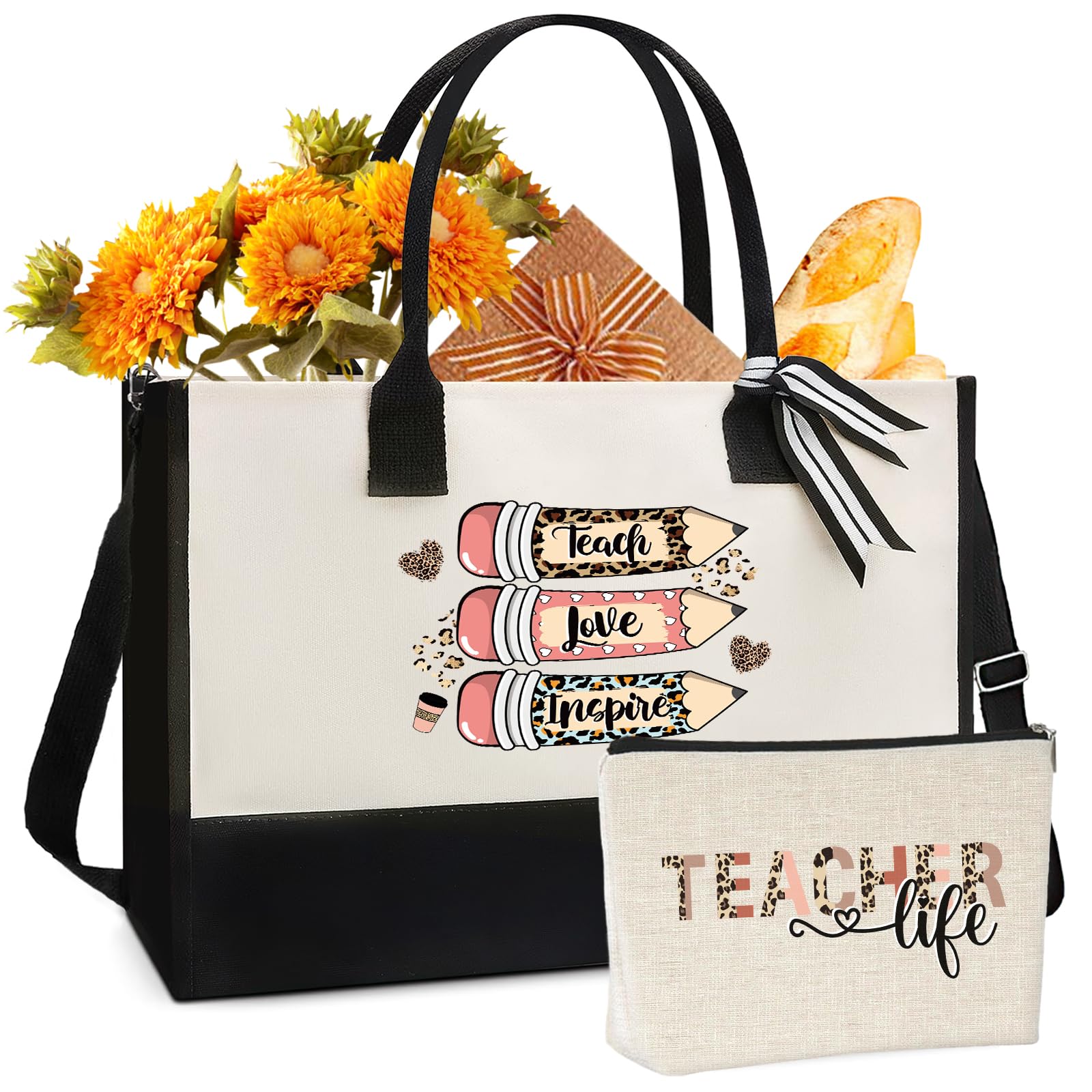 Teacher Appreciation Tote Bag - Leopard Print Pencil Design Zippered Canvas Tote with Matching Cosmetic Pouch | Perfect Teacher Gift for Women, School Supplies & Everyday Use | Great for Teacher's Day, Back to School, Classroom Organization & Work Commute