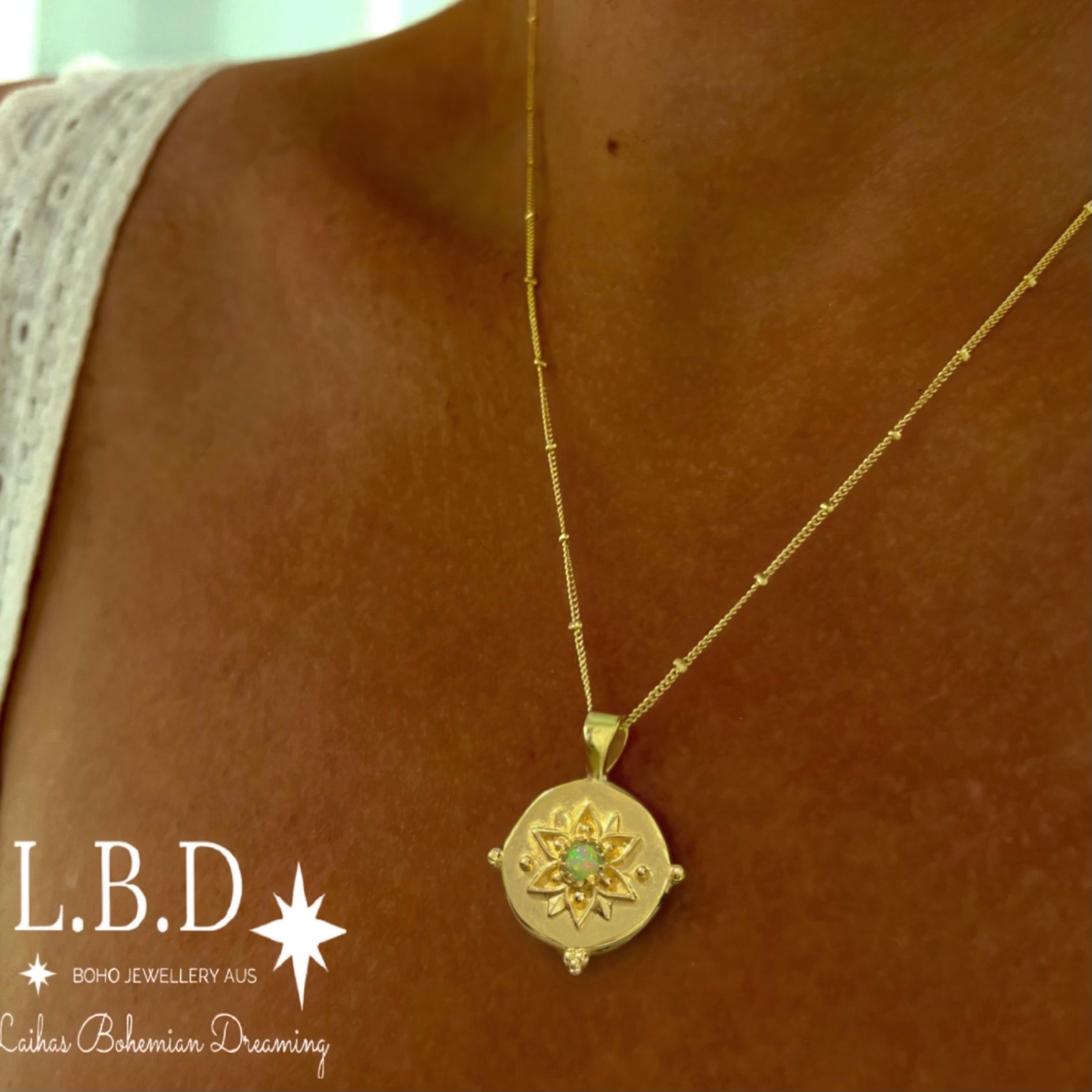 Vera May Intricate Gold Boho Necklace with Opal - Elegant Bohemian Jewelry for Women - Perfect for Festivals, Weddings & Everyday Wear