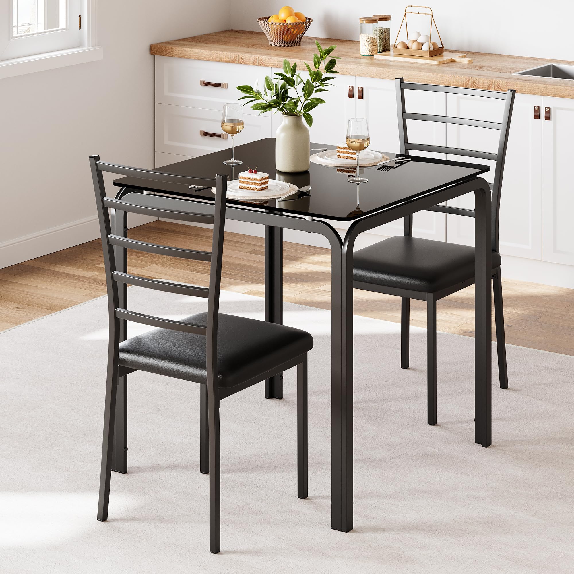 IDEALHOUSE 3-Piece Square Glass Dining Table Set for 2 - Compact Kitchen & Dinette Set with 2 Chairs - Perfect for Small Spaces, Apartments & Breakfast Nooks