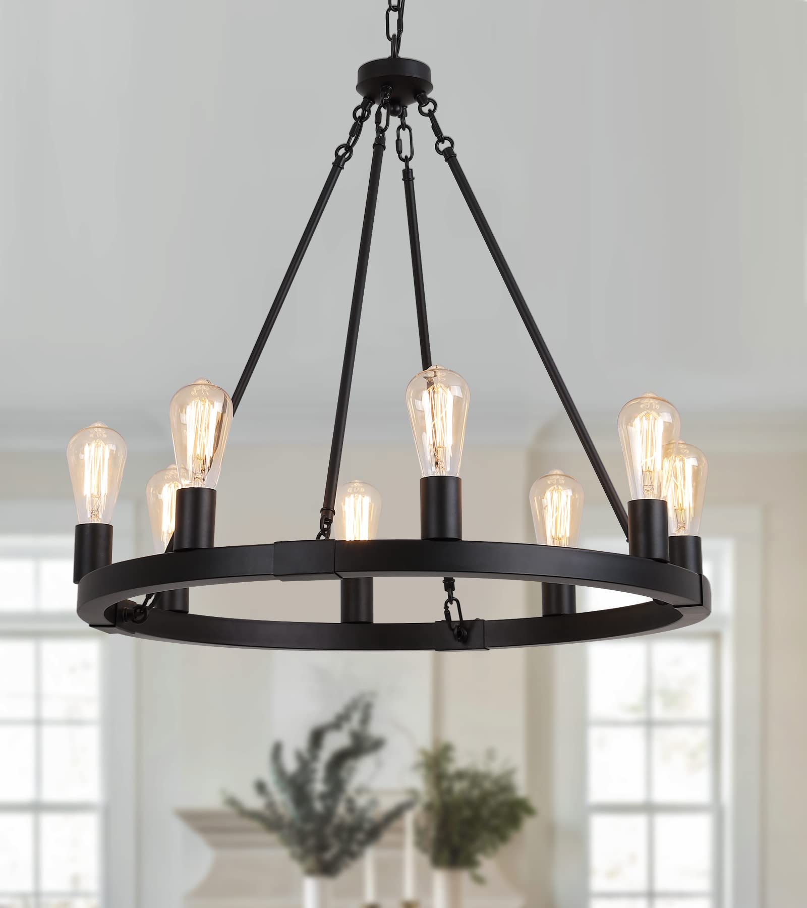 AMZASA Farmhouse 8-Light Black Industrial Wagon Wheel Chandelier - 27 Inch Rustic Ceiling Light Fixture for Dining Room, Kitchen, Living Room, Foyer, Entryway - UL Listed for Safe Use in Home & Restaurant Decor