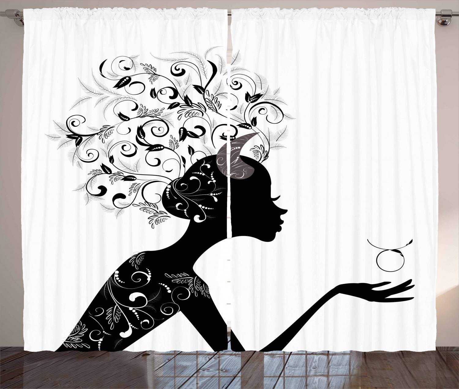Ambesonne Zodiac Taurus Curtains - Floral Ornate Lady Silhouette Black & White Window Drapes, 108