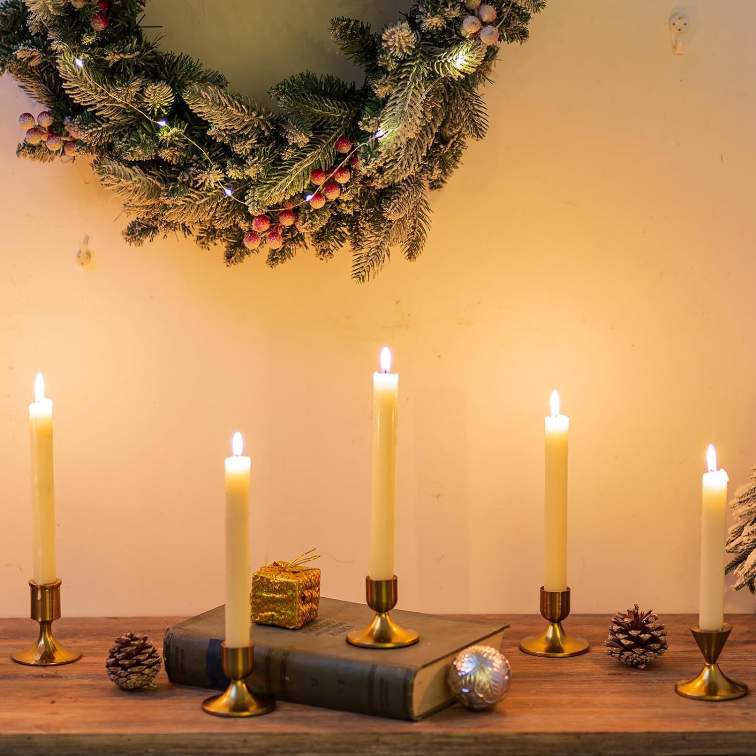 Romadedi 2-Piece Gold Brass Candlestick Holders for Taper Candles - Elegant Table Centerpiece for Weddings, Christmas Mantel Decor & Home Decoration - Perfect for Dining Tables, Fireplace Displays & Holiday Celebrations