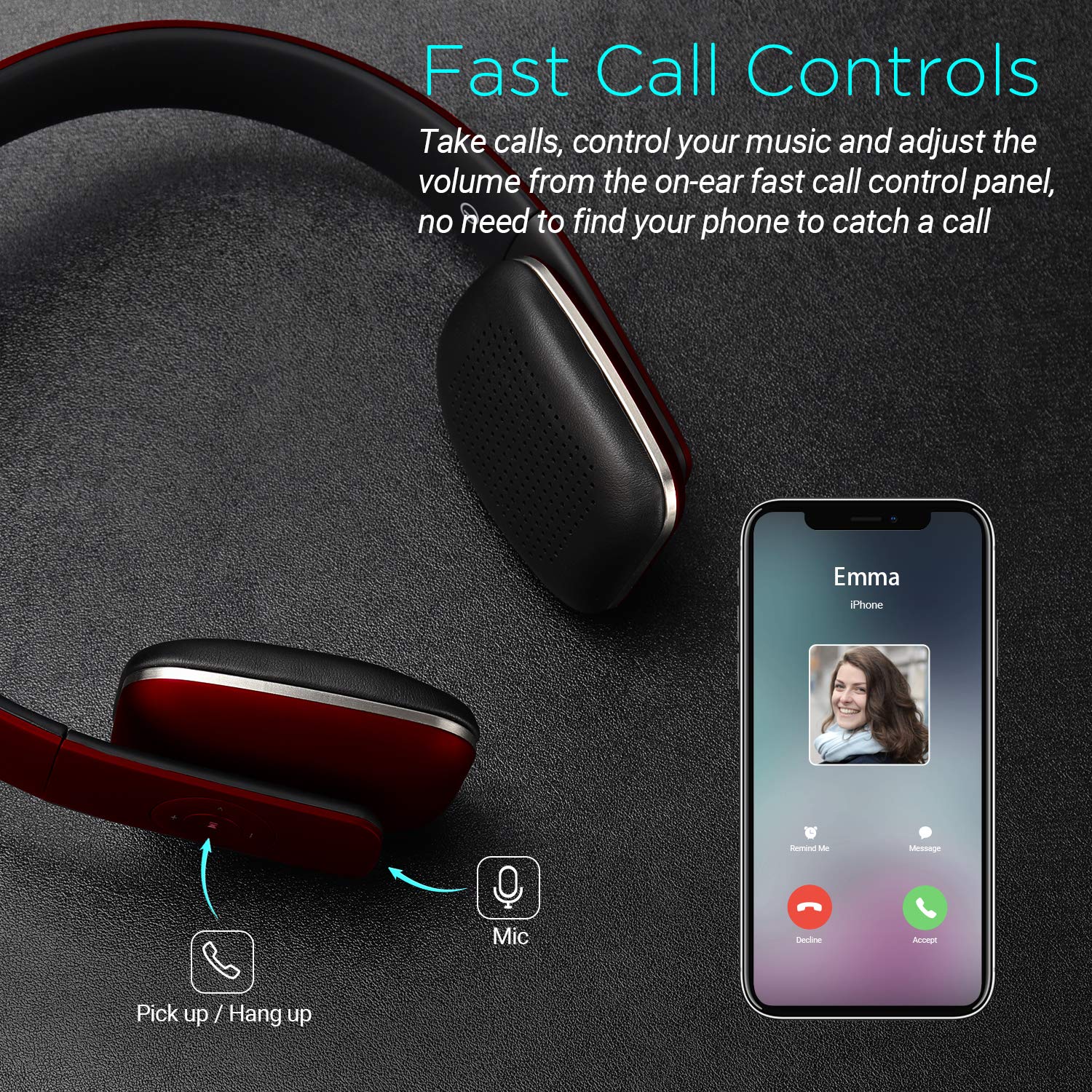 August EP636 Wireless Bluetooth Headphones with NFC & Built-in Mic - On-Ear Comfort for Music, Calls & Gaming - Red (Perfect for Commuting, Workouts & Office Use)