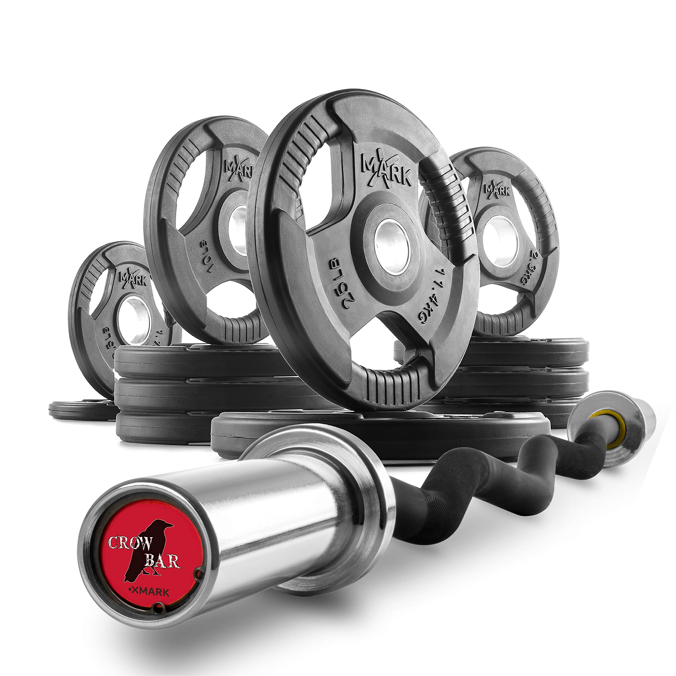 XMark Olympic Weight Set with EZ Curl Bar - 300LB Olympic Barbell Set with TRI-GRIP Weight Plates & CROWBAR-CURL Bar for Strength Training - Perfect for Home Gym, Weightlifting, Bicep Curls & Triceps Workouts