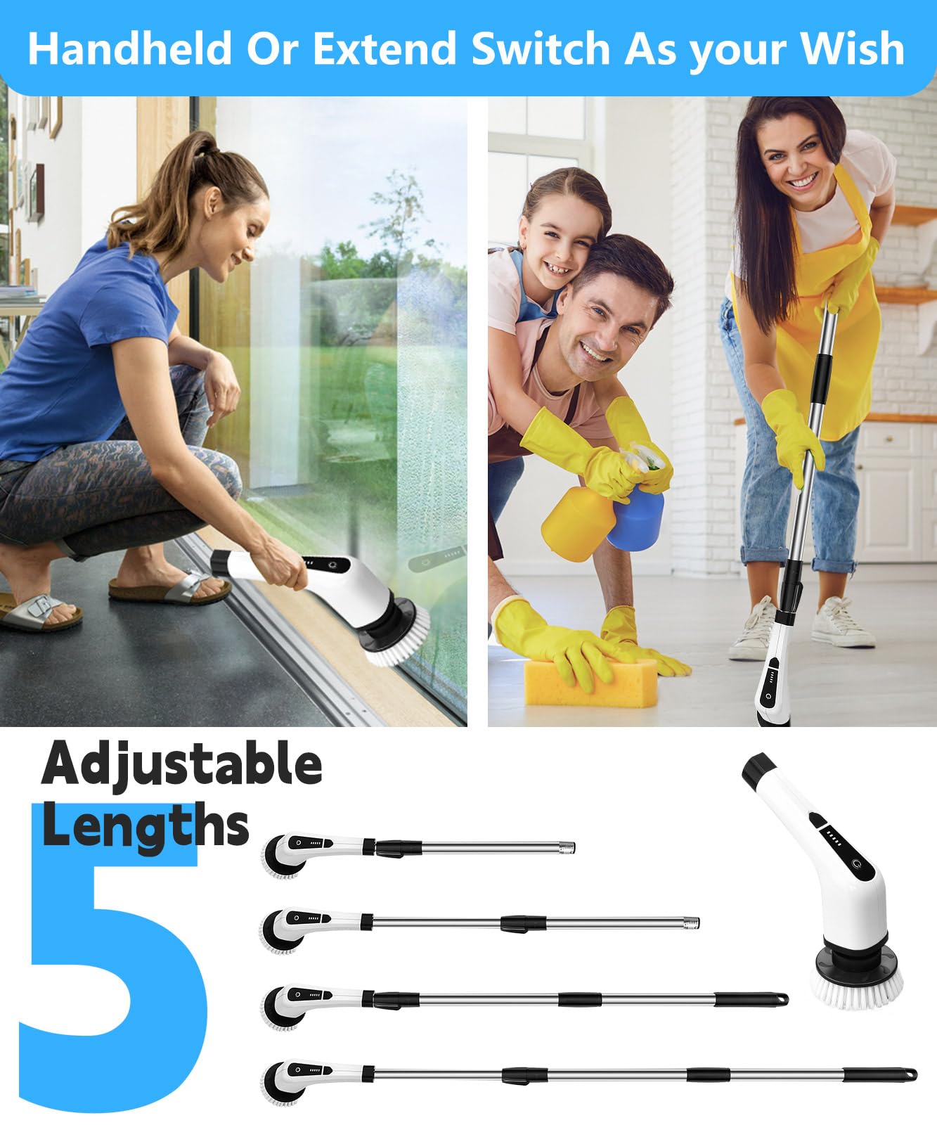 Cordless Electric Spin Scrubber - Power Shower Cleaning Brush for Bathroom, Tub, Tiles & Car | Long Handle Portable Spinning Cleaner for Bathtub, Kitchen & Household Use | Perfect for Deep Cleaning Grout, Stains & Hard-to-Reach Areas