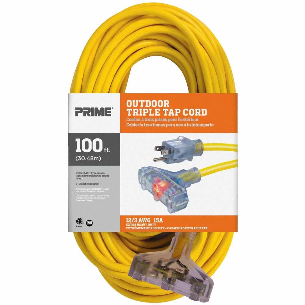 100 ft. Heavy Duty 12/3 Gauge SJTW Outdoor Extension Cord - Yellow, Weatherproof & Durable for Yard Work, Construction, and Power Tools