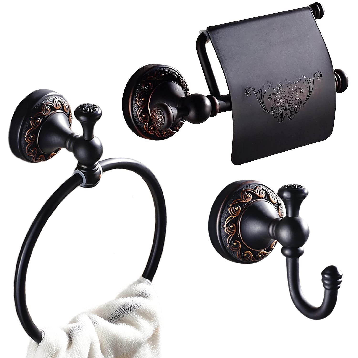 Vintage Oil Rubbed Bronze 3-Piece Bathroom Hardware Set - Toilet Paper Holder, Towel Ring & Coat Hooks - Wall Mounted Retro Decor for Home & Commercial Use
