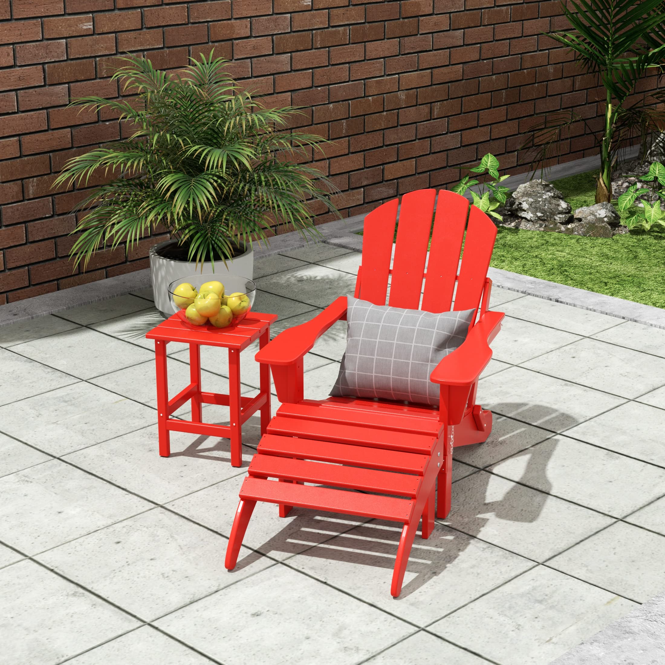 HDPE Adirondack Chair Set with Ottoman & Table - Outdoor Patio, Garden, Backyard