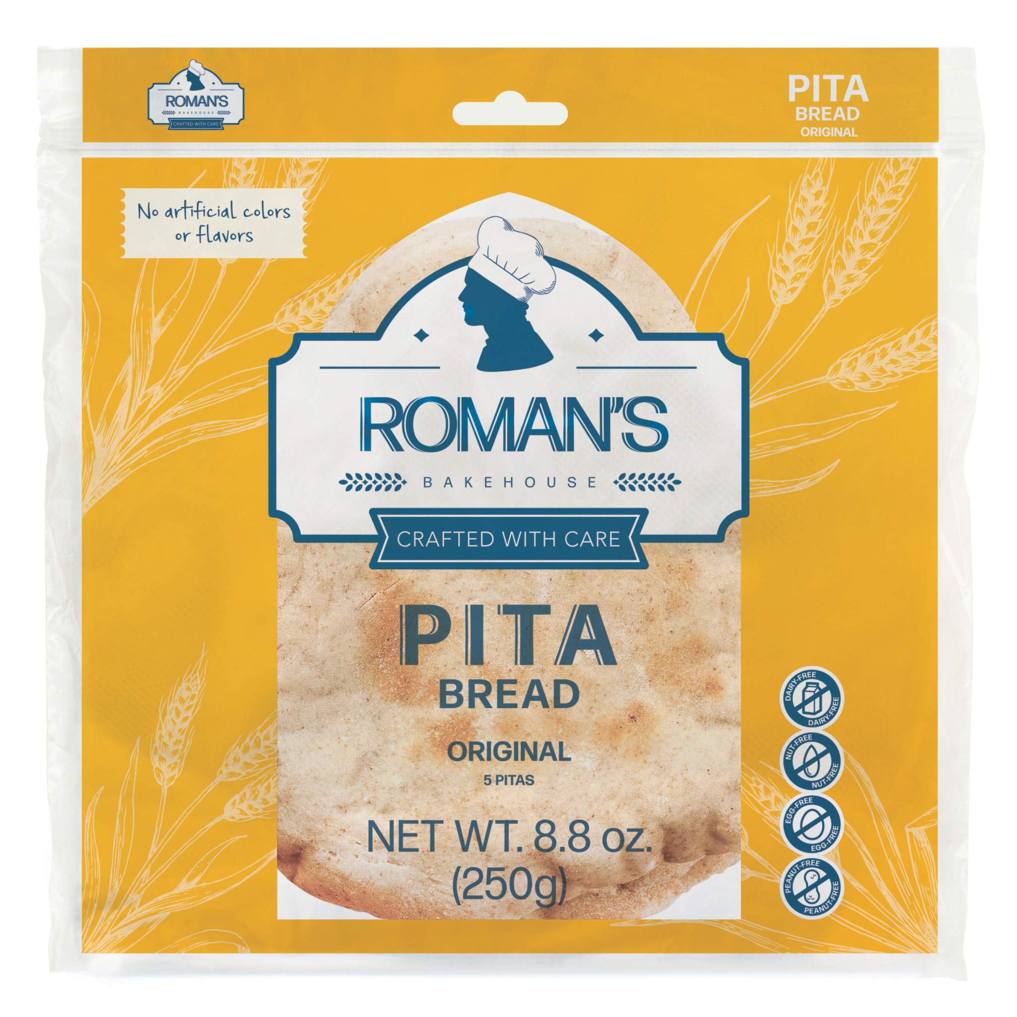 Roman's Bakehouse Original Pita Bread - 8.8oz Pack | Soft & Fluffy Mediterranean Flatbread for Sandwiches, Wraps & Dips | Perfect for Gyros, Hummus & Falafel