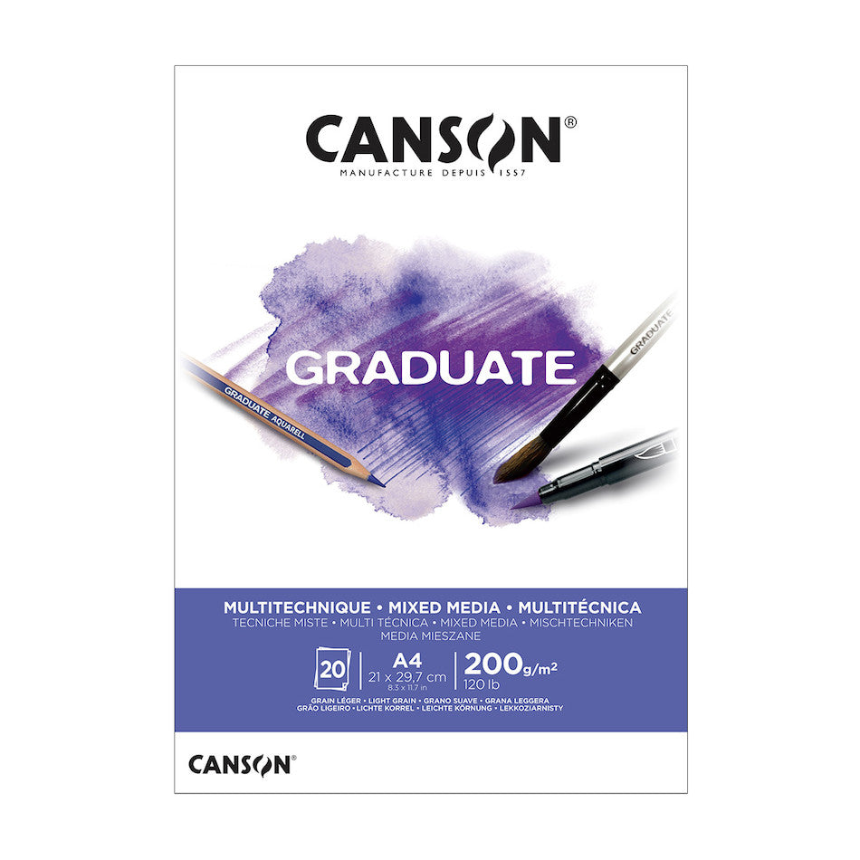 Canson Graduate White Mixed Media Pad A4 - 50 Sheets, 160gsm, Acid-Free Paper for Drawing, Sketching & Watercolor - Perfect for Artists, Students & Professionals