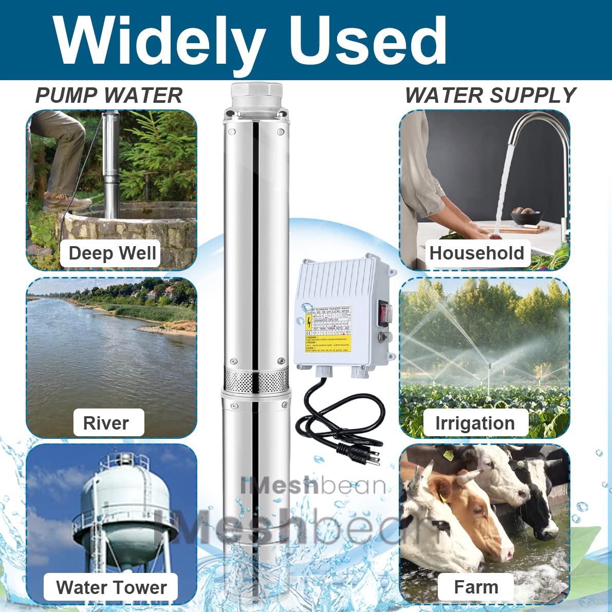 0.5HP/1HP/2HP Stainless Steel Deep Well Submersible Water Pump with 100ft Power Cord & Control Box - Heavy Duty for Home, Farm, Irrigation & Water Supply (1HP 110V)