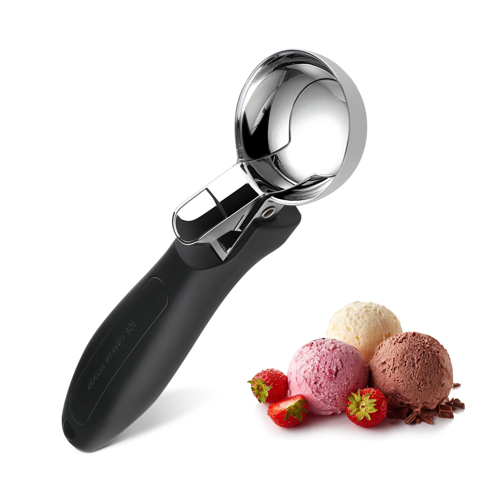 Premium Ice Cream Scoop & Cookie Dough Scooper - Heavy Duty Stainless Steel with Ergonomic Soft Grip Handle - Perfect for Baking, Ice Cream Parlors, Home Kitchens (Black) - Ideal for Scooping Ice Cream, Cookie Dough, Cupcakes, Protein Balls & Meatballs
