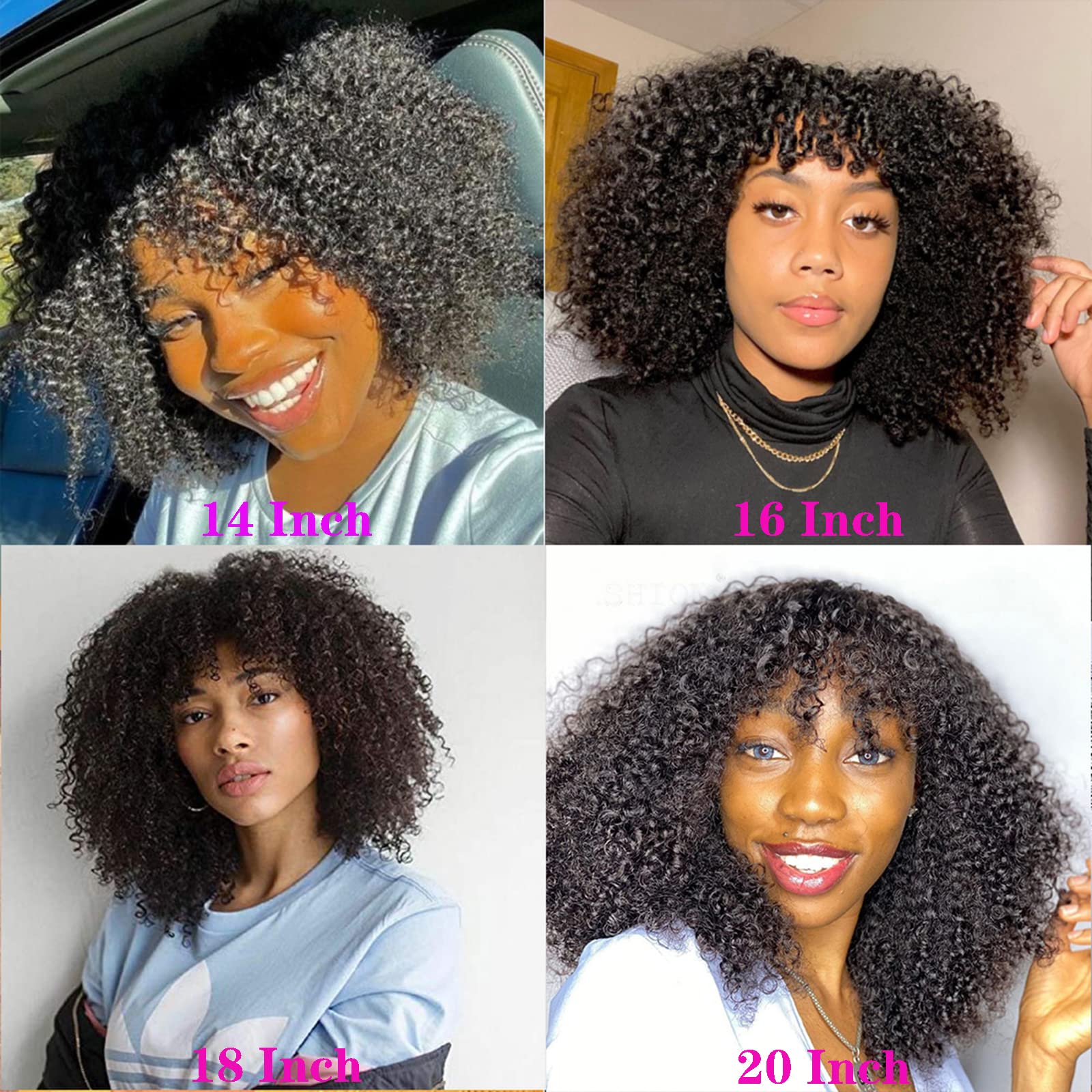 200% Density Afro Kinky Curly Human Hair Wig with Bangs - Brazilian Remy Hair - Machine Made Scalp Top - Natural Color Short Curly Wigs (14 inch) for Black Women, Cosplay, Daily Wear & Special Occasions