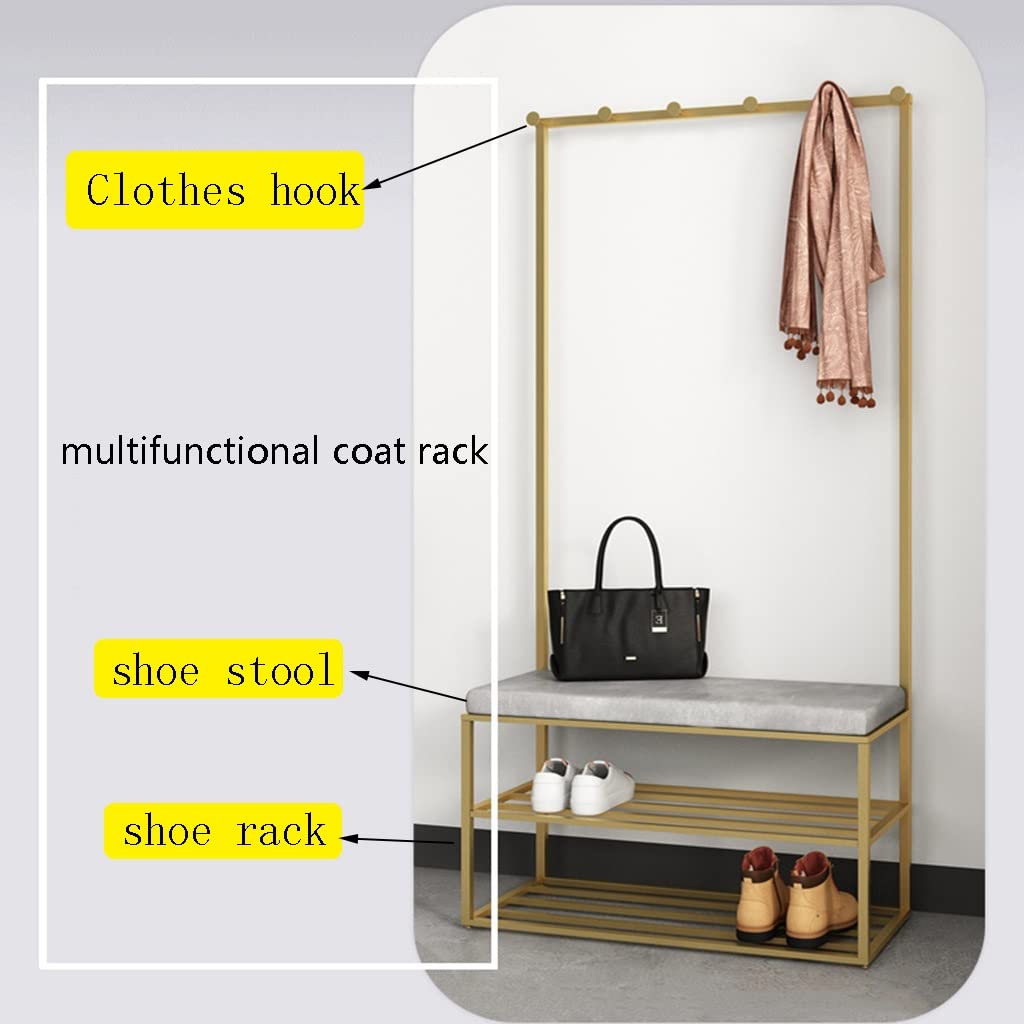 Industrial Coat Rack Shoe Bench with 2-Tier Storage Shelves | 3-in-1 Entryway Hall Tree Organizer for Shoes, Coats & Accessories | Gold Finish (60x30x165cm) | Perfect for Hallway, Bedroom, Dorm & Small Space Organization