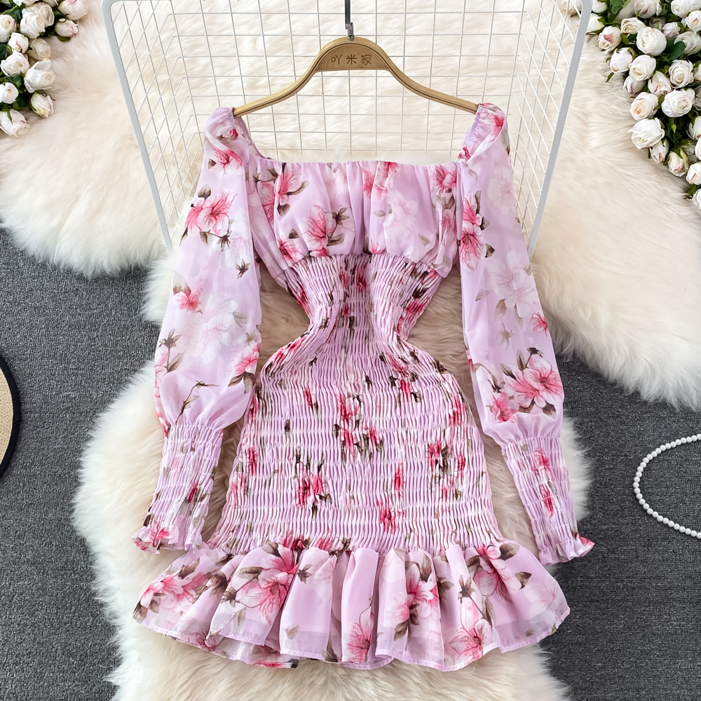Elegant Long Sleeve Square Neck Chiffon Floral Ruffle Dress for Women - Perfect for Spring Weddings, Garden Parties & Date Nights