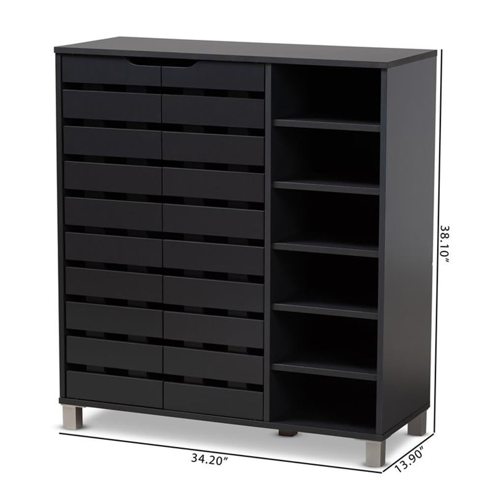 BOWERY HILL Modern Dark Grey 2-Door Wooden Shoe Storage Cabinet with Open Shelves - Organize Entryway, Bedroom or Closet - Space Saving Shoe Rack for Home & Office