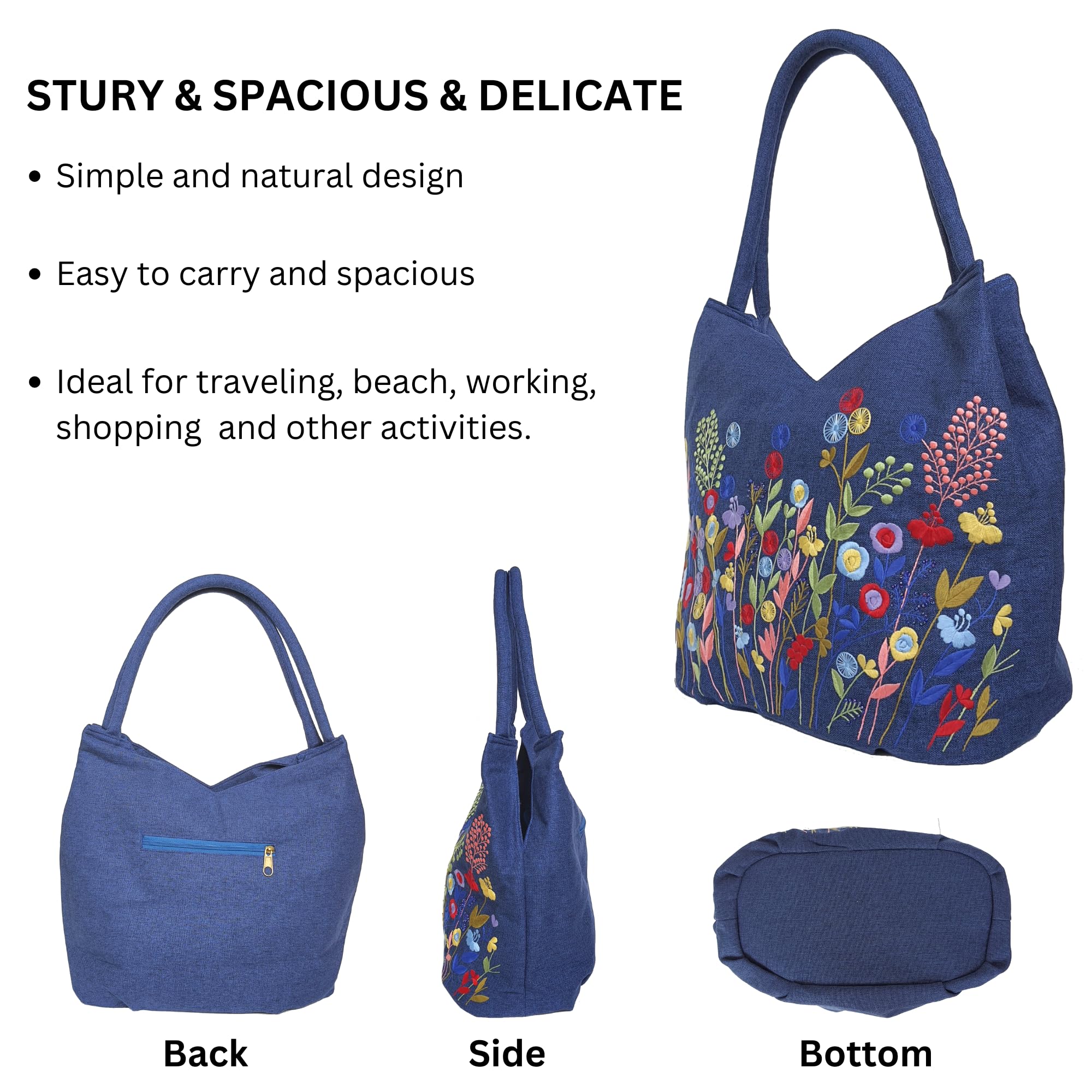 Stylish Embroidered Handbag for Women - Fashionable Shoulder Tote with Secure Zipper Closure, Versatile Fabric Hobo Purse - Perfect for Work, Travel & Mother's Day Gift