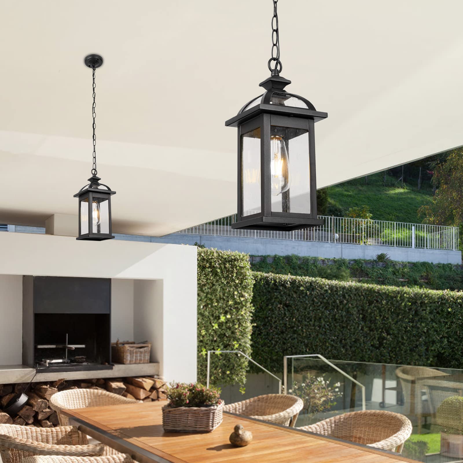 Darkaway Outdoor Pendant Light Fixture - 2 Pack Black Aluminum Hanging Lantern with Glass Shade for Porch, Patio, Entryway - Weatherproof Exterior Lighting for Home & Garden Decor