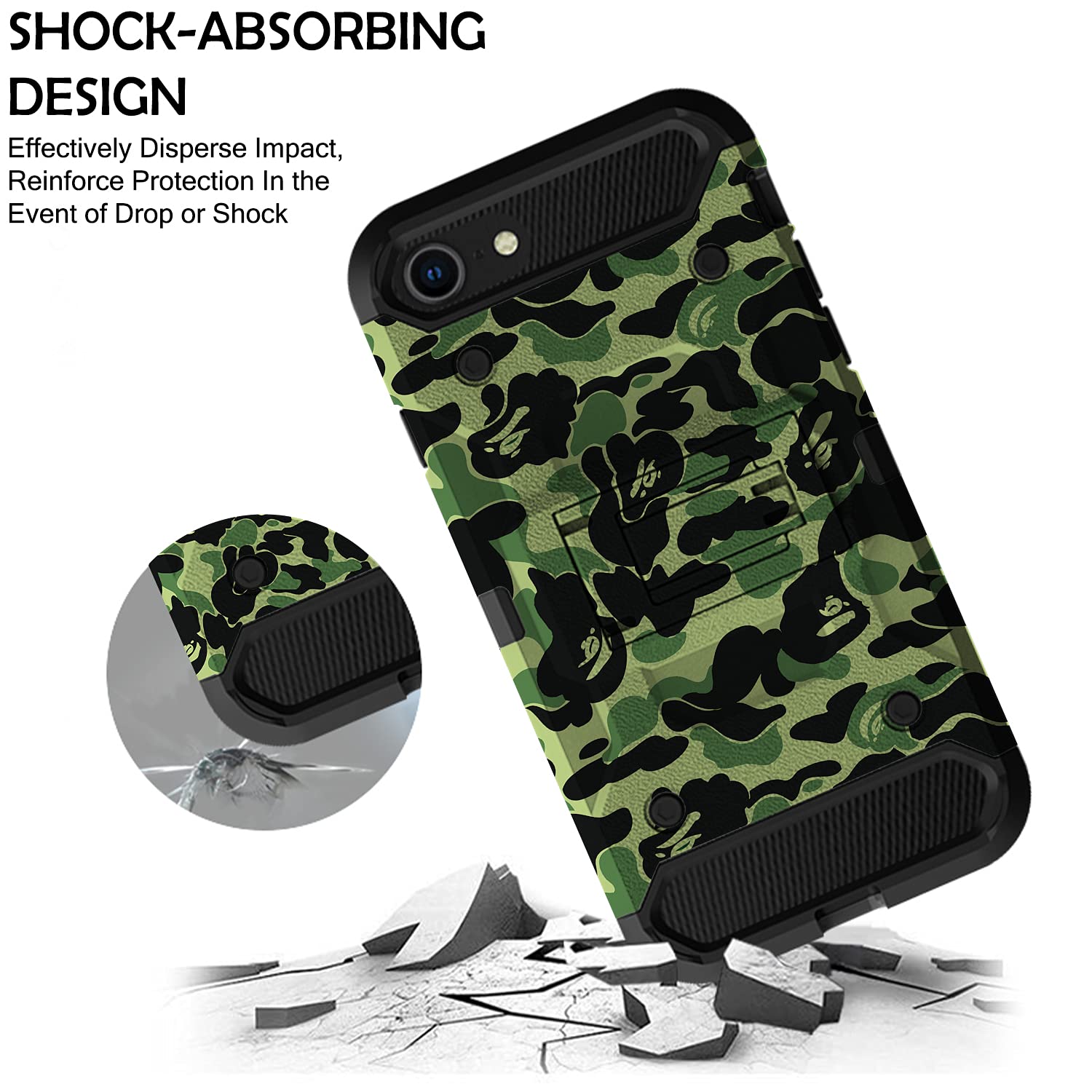 DuraSafe Rugged Protective Case for iPhone SE 2 (2020) & SE 3 (2022) 4.7 Inch - Military Moss Green Rotating Belt Clip Holster with Kickstand | Shockproof Cover for iPhone SE 3rd/2nd Gen | Perfect for Outdoor, Construction & Active Lifestyle Use