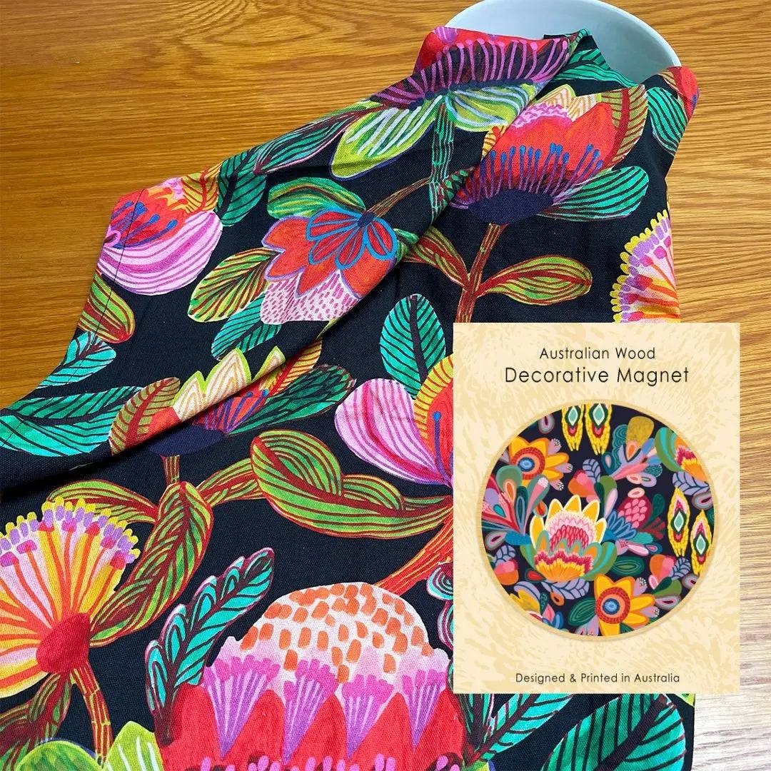 Folk Flowers Tea Towel & Wooden Fridge Magnet Gift Set - Handmade Kitchen Decor, Housewarming Gift for Home, Perfect for Farmhouse Style Kitchens and Rustic Home Decor
