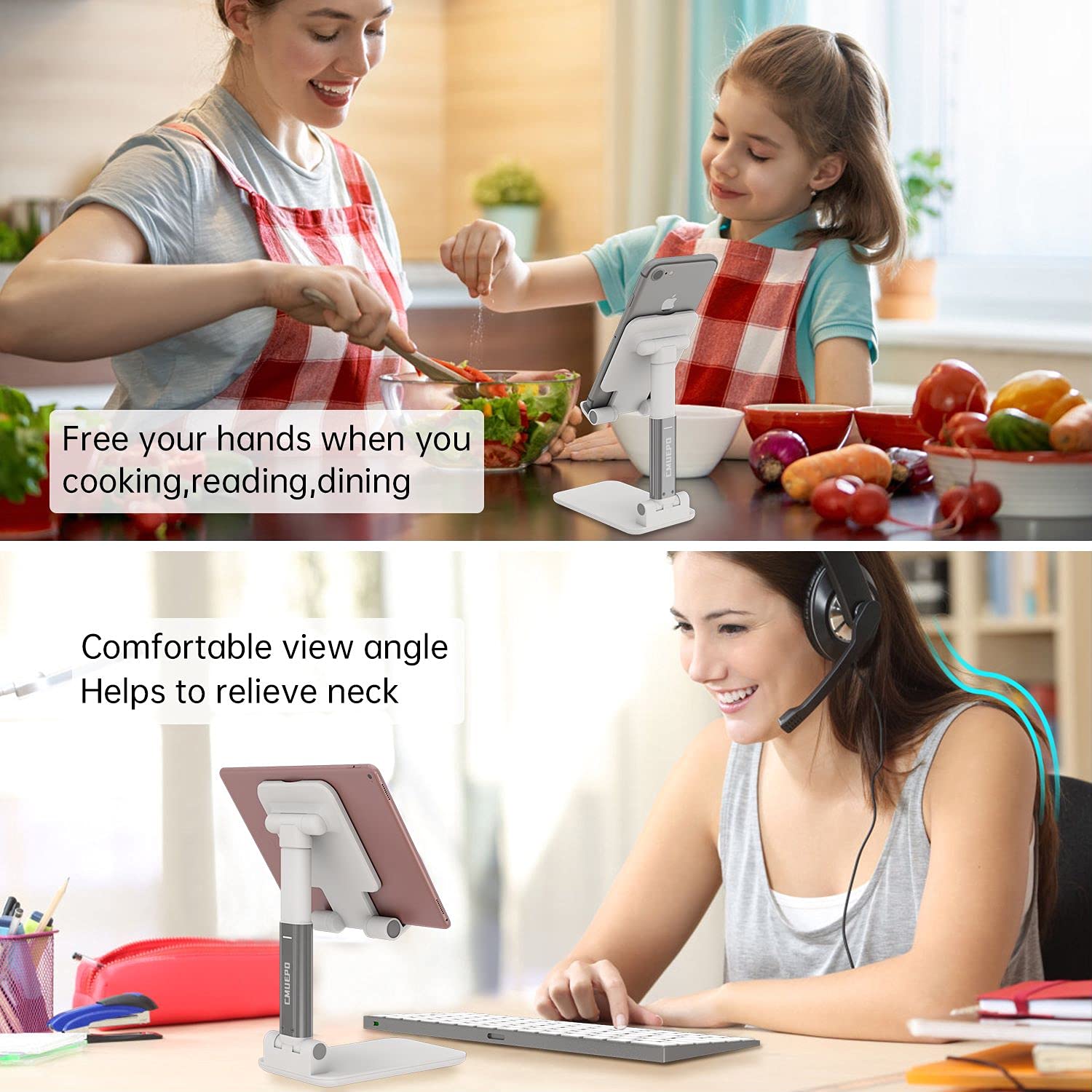 Adjustable Aluminum Phone Stand for Desk - Foldable & Portable Cell Phone Holder with Angle & Height Adjustment - Compatible with iPhone, Samsung, iPad & Tablets - Perfect for Home Office, Video Calls & Hands-Free Viewing (White)